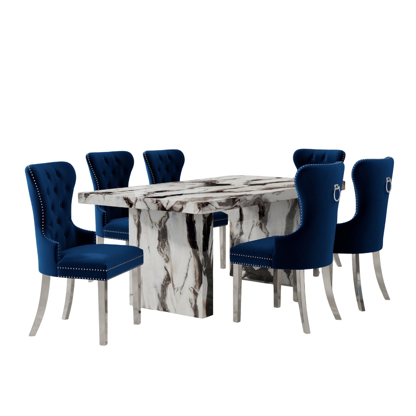Roundhill Furniture Cavira 7-Piece Modern Dining Set, Faux Marble Dining Table with Four Chairs