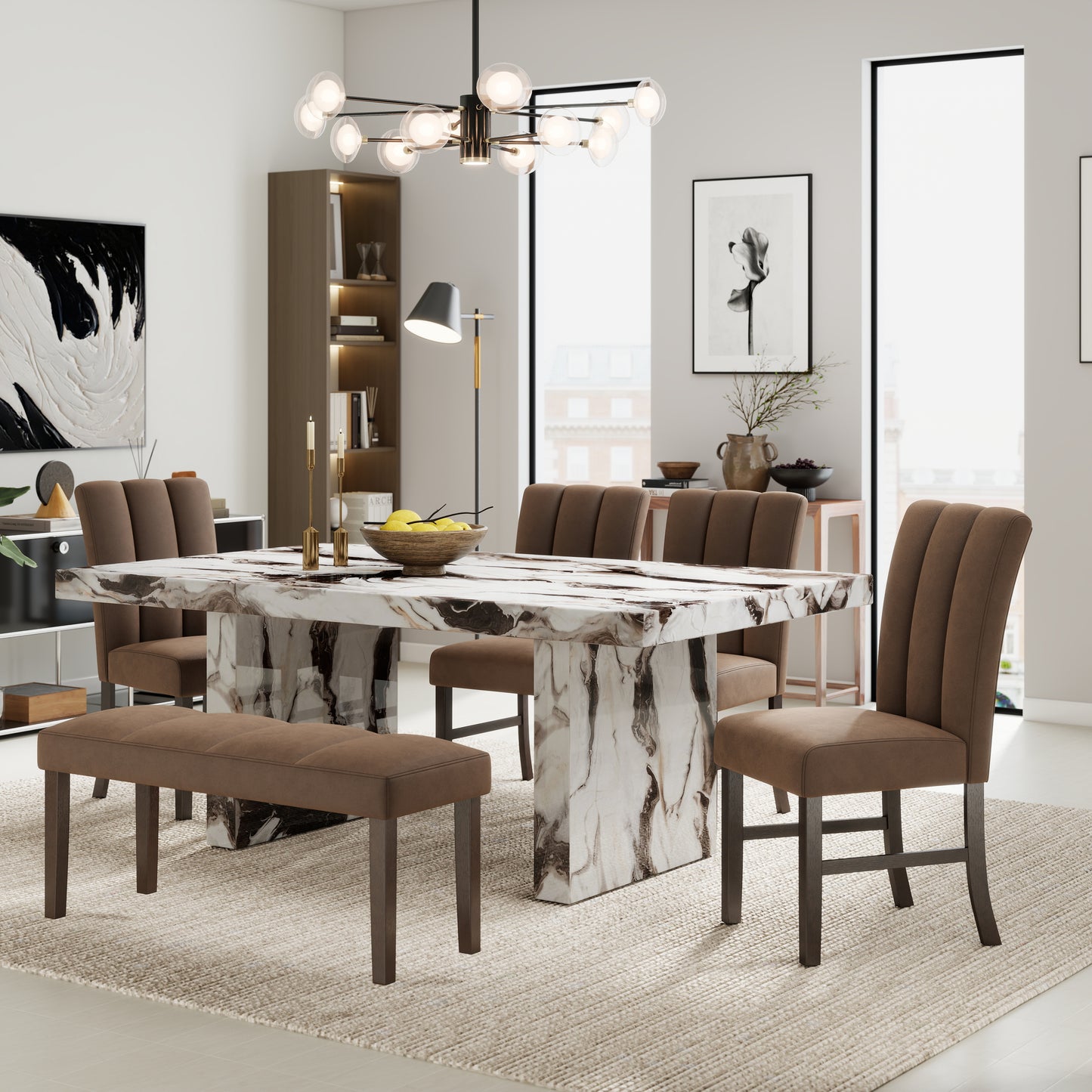 Roundhill Furniture Cavira 6-Piece Modern Faux Marble Dining Set, Double Pedestal Table with 4 Upholstered Chairs and a Bench