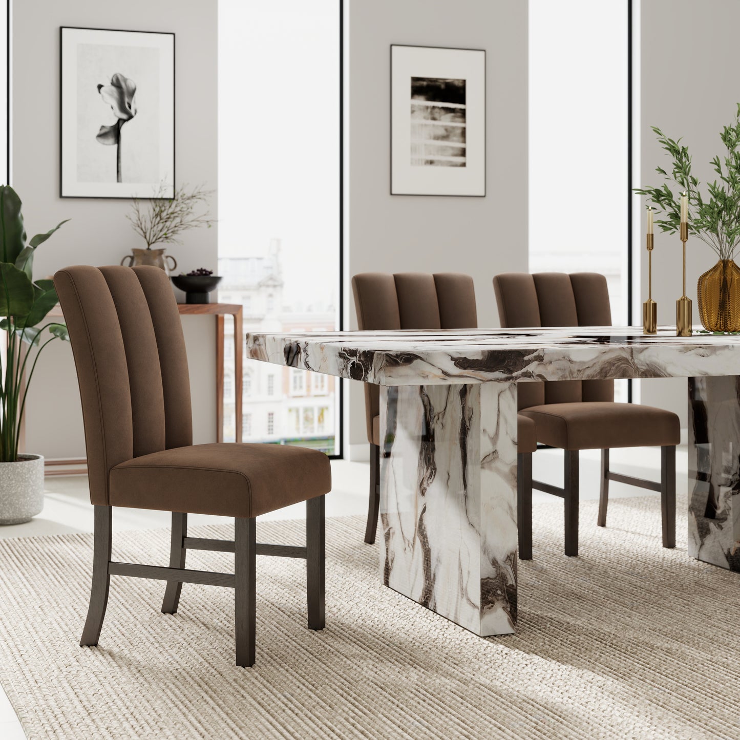 Roundhill Furniture Cavira 6-Piece Modern Faux Marble Dining Set, Double Pedestal Table with 4 Upholstered Chairs and a Bench