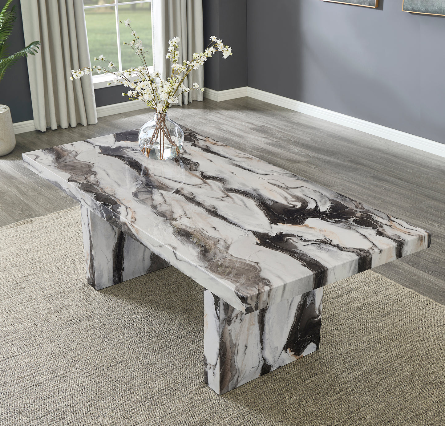 Roundhill Furniture Cavira 6-Piece Modern Faux Marble Dining Set, Double Pedestal Table with 4 Upholstered Chairs and a Bench