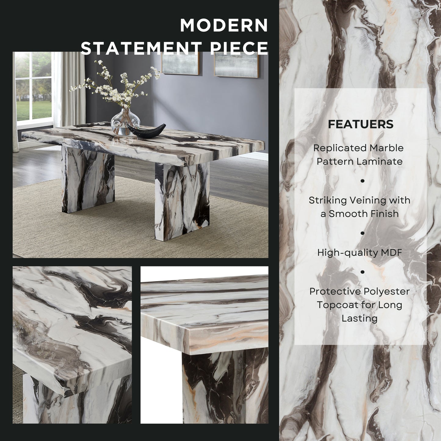 Roundhill Furniture Cavira 6-Piece Modern Faux Marble Dining Set, Double Pedestal Table with 4 Upholstered Chairs and a Bench