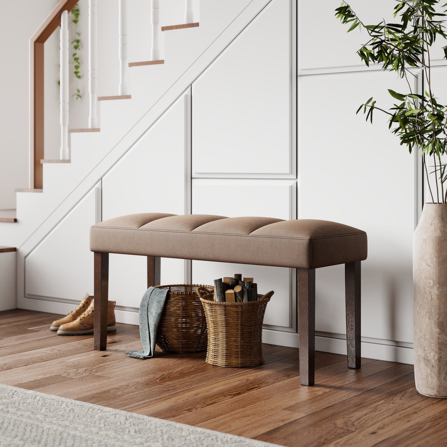 Roundhill Furniture Cavira 6-Piece Modern Faux Marble Dining Set, Double Pedestal Table with 4 Upholstered Chairs and a Bench