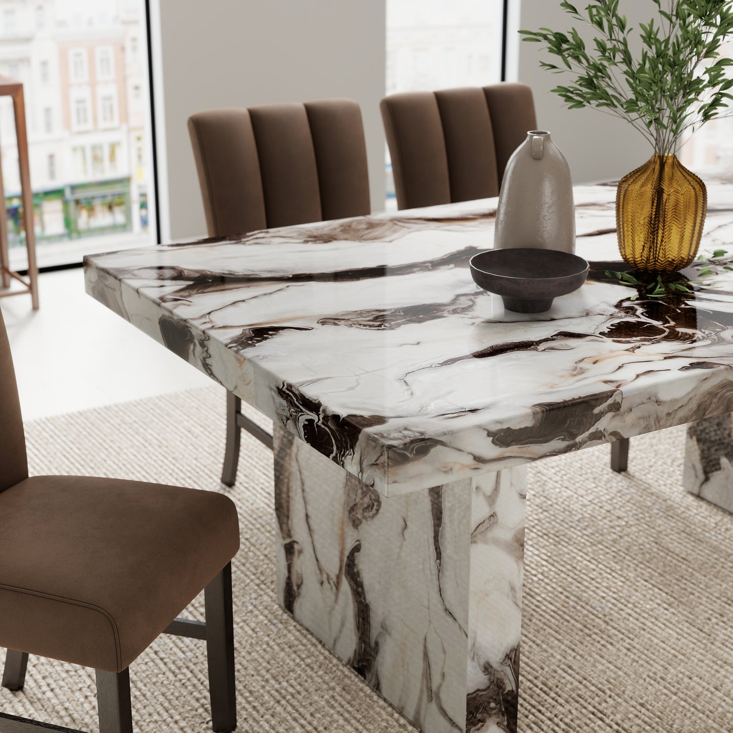 Roundhill Furniture Cavira 5-Piece Modern Faux Marble Dining Set, Double Pedestal Table with 4 Upholstered Chairs