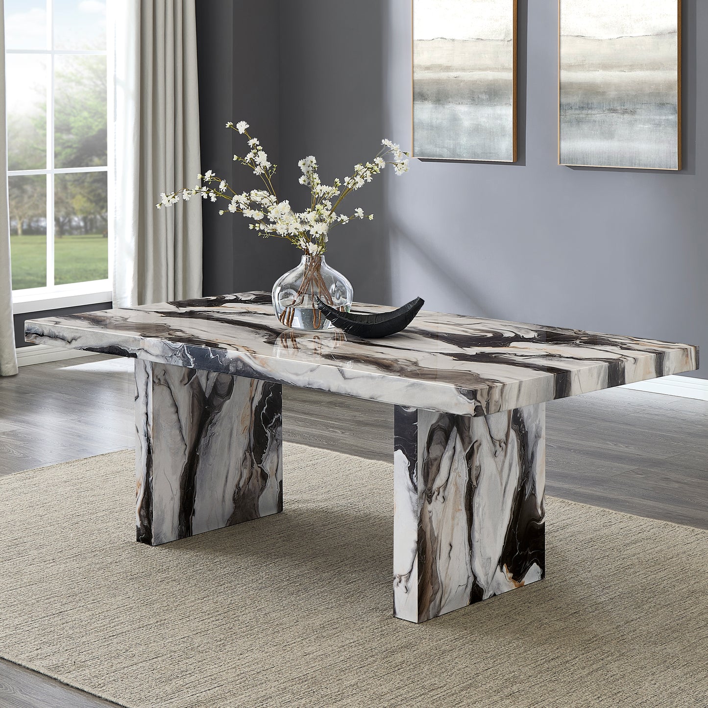 Roundhill Furniture Cavira 5-Piece Modern Faux Marble Dining Set, Double Pedestal Table with 4 Upholstered Chairs