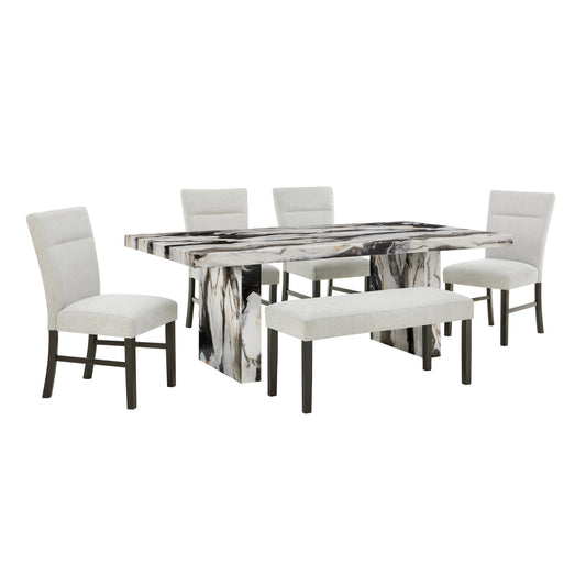 Roundhill Furniture Cavira Modern Faux Marble Dining Table with 4 Chairs and Bench
