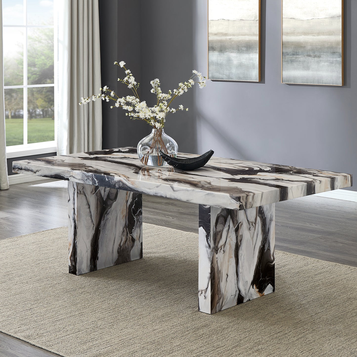 Roundhill Furniture Cavira Modern Faux Marble Dining Table with 4 Chairs