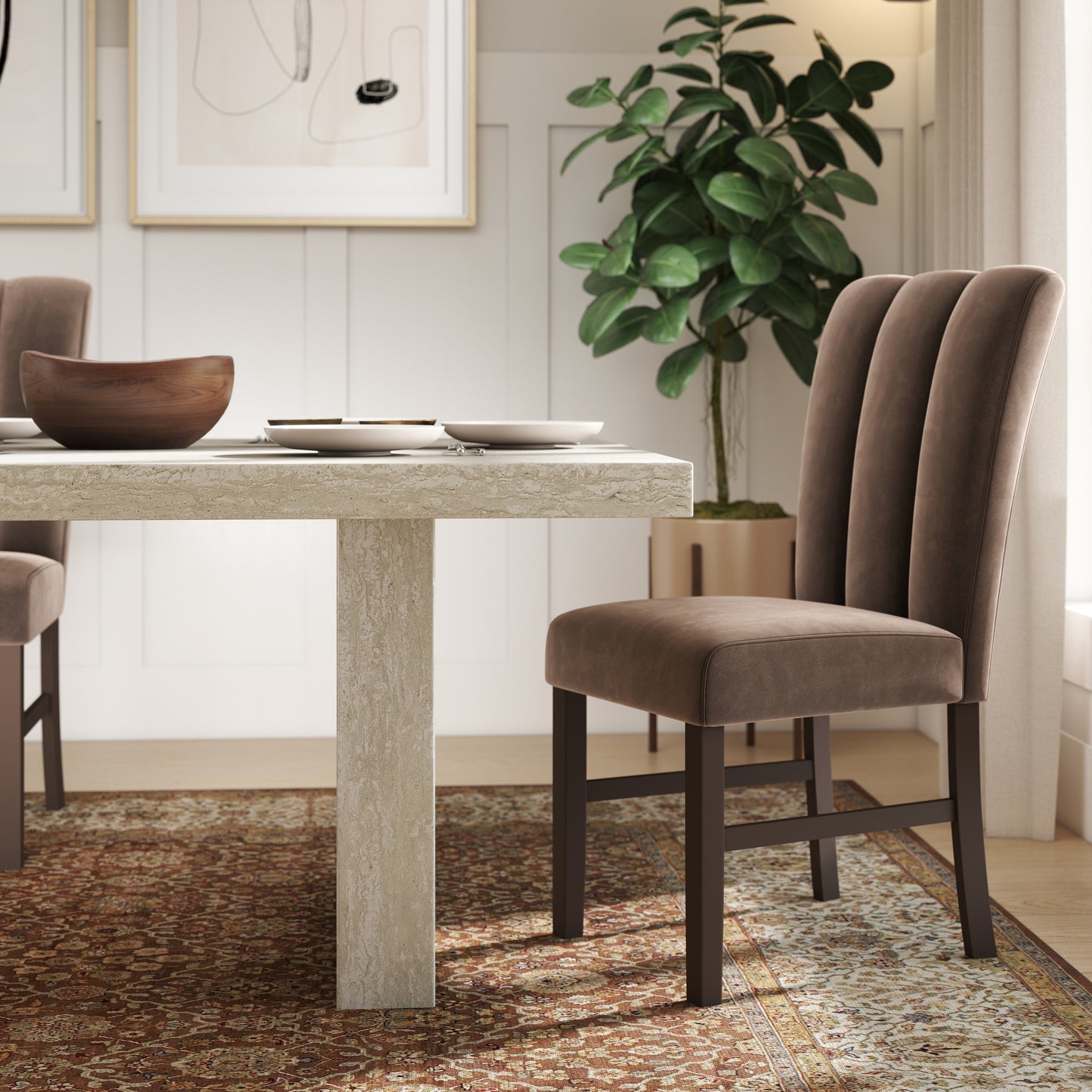 Roundhill Furniture Cavira 6-Piece Modern Dining Set, Faux Marble Dining Table with 4 Chairs and Bench, Chocolate