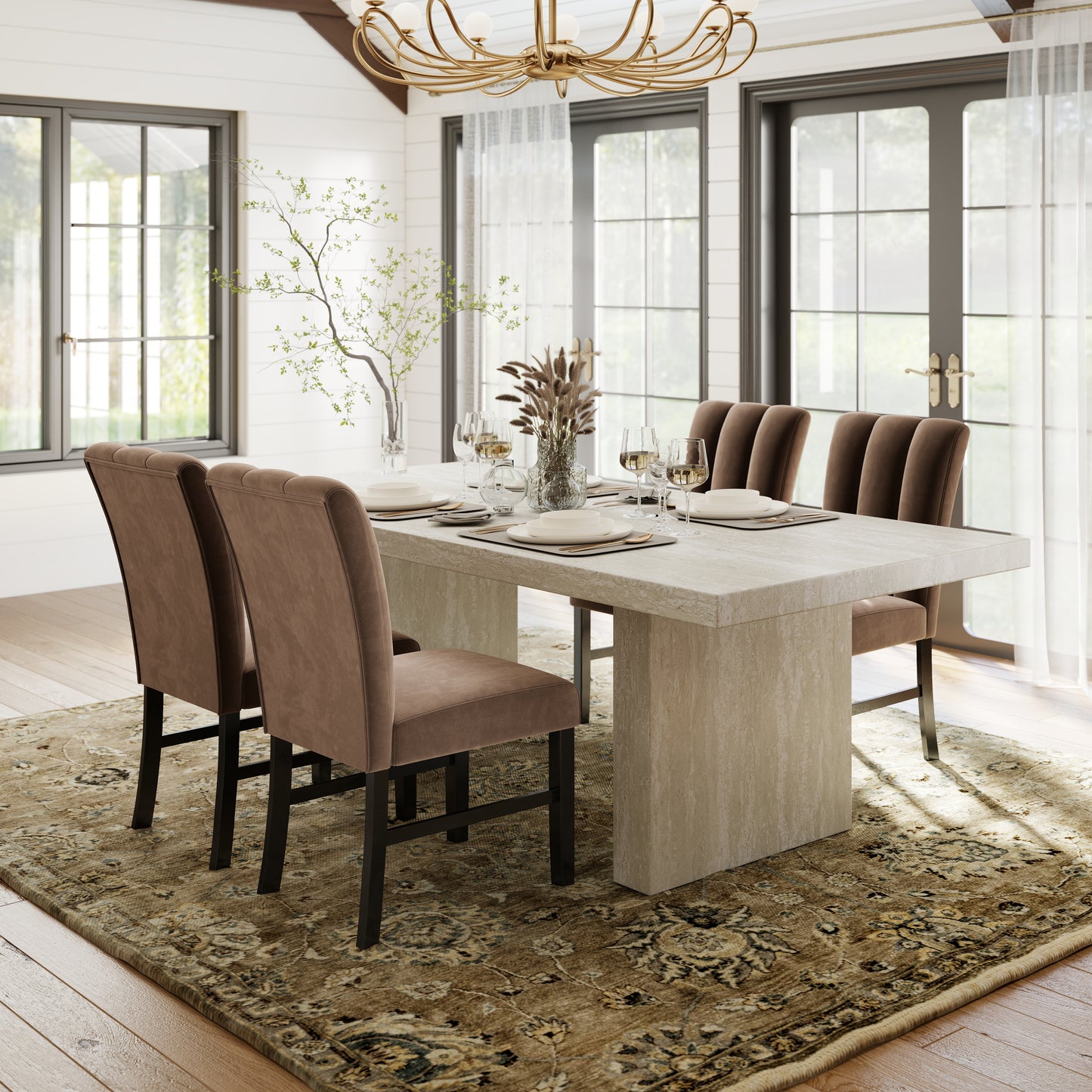 Roundhill Furniture Cavira 5-Piece Modern Dining Set, Faux Marble Dining Table with 4 Chairs, Chocolate