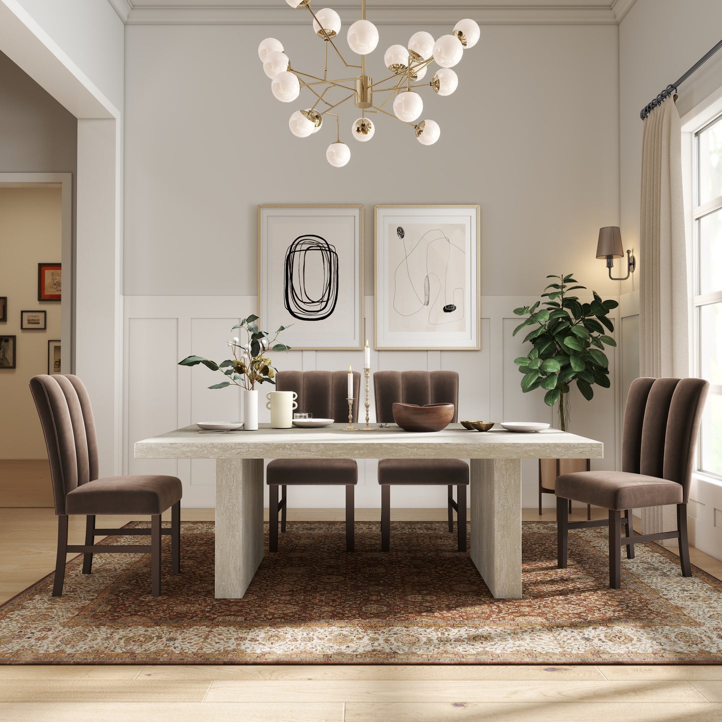 Roundhill Furniture Cavira 5-Piece Modern Dining Set, Faux Marble Dining Table with 4 Chairs, Chocolate