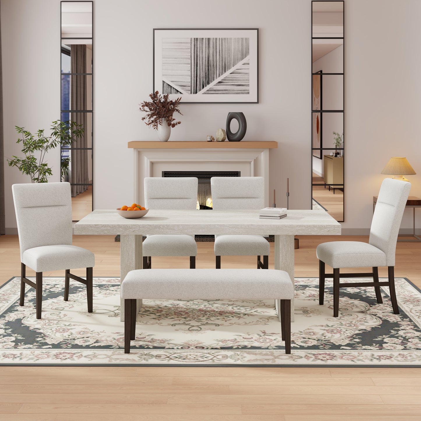 Roundhill Furniture Cavira 6-Piece Modern Dining Set, Faux Marble Dining Table with 4 Chairs and Bench
