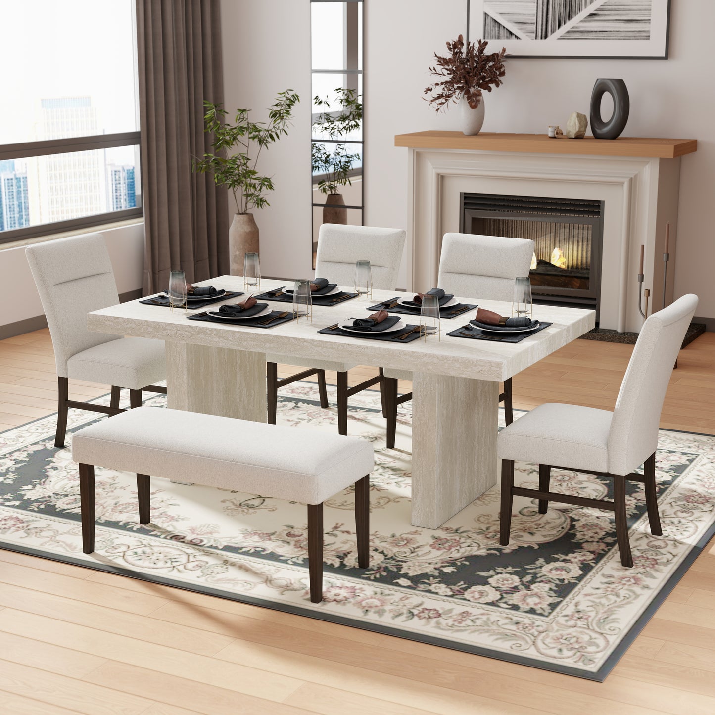 Roundhill Furniture Cavira 6-Piece Modern Dining Set, Faux Marble Dining Table with 4 Chairs and Bench
