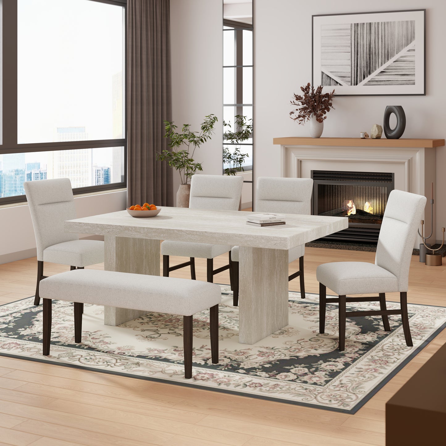 Roundhill Furniture Cavira 6-Piece Modern Dining Set, Faux Marble Dining Table with 4 Chairs and Bench