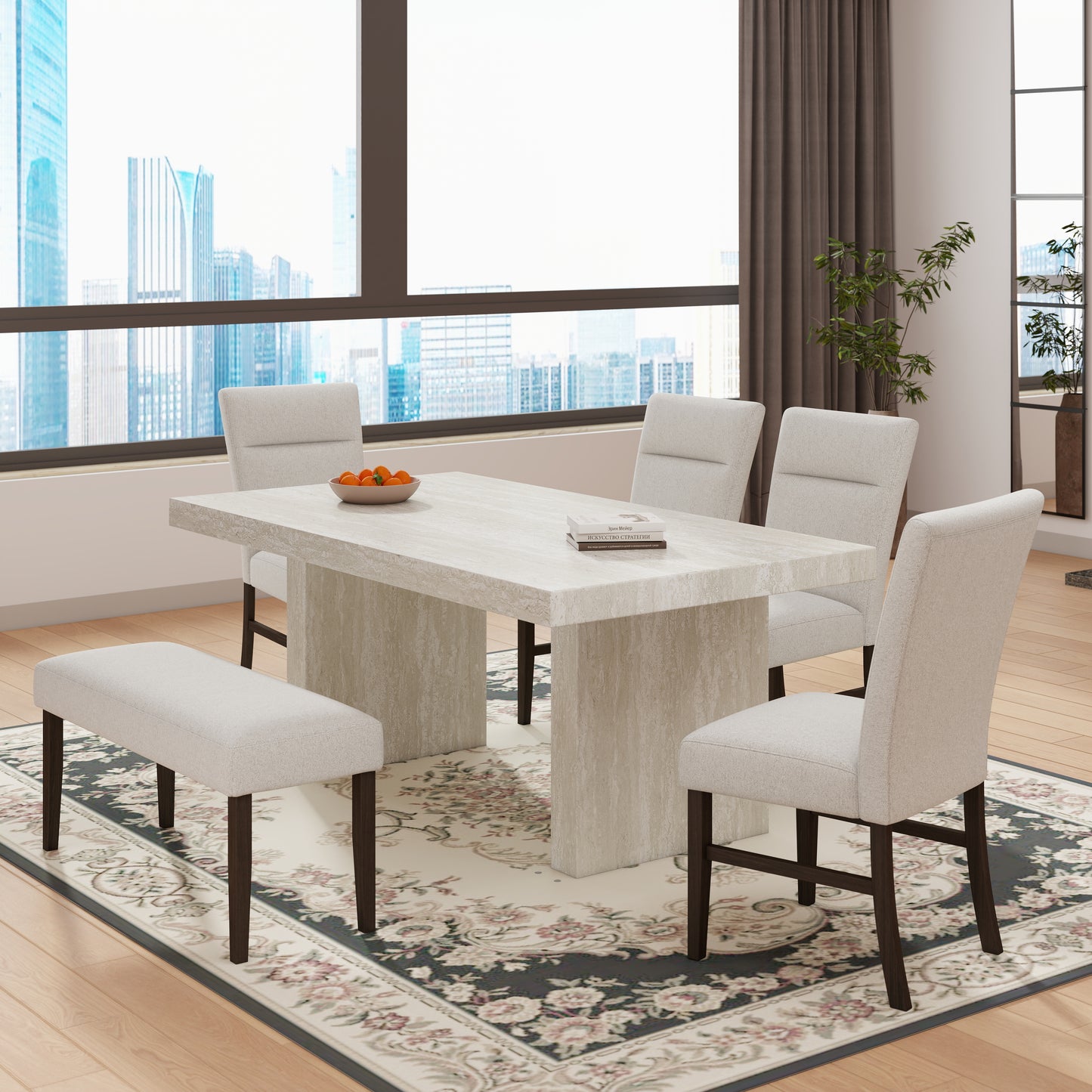 Roundhill Furniture Cavira 6-Piece Modern Dining Set, Faux Marble Dining Table with 4 Chairs and Bench