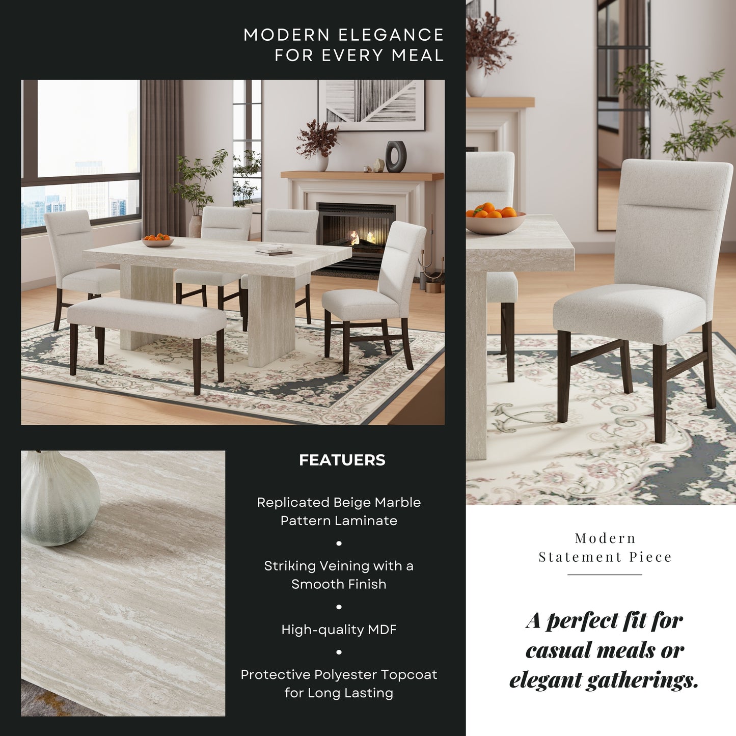 Roundhill Furniture Cavira 6-Piece Modern Dining Set, Faux Marble Dining Table with 4 Chairs and Bench