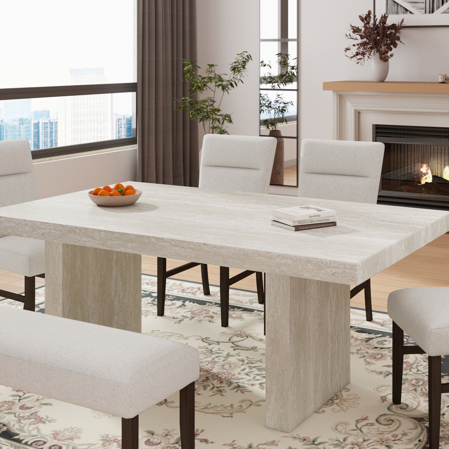 Roundhill Furniture Cavira 6-Piece Modern Dining Set, Faux Marble Dining Table with 4 Chairs and Bench