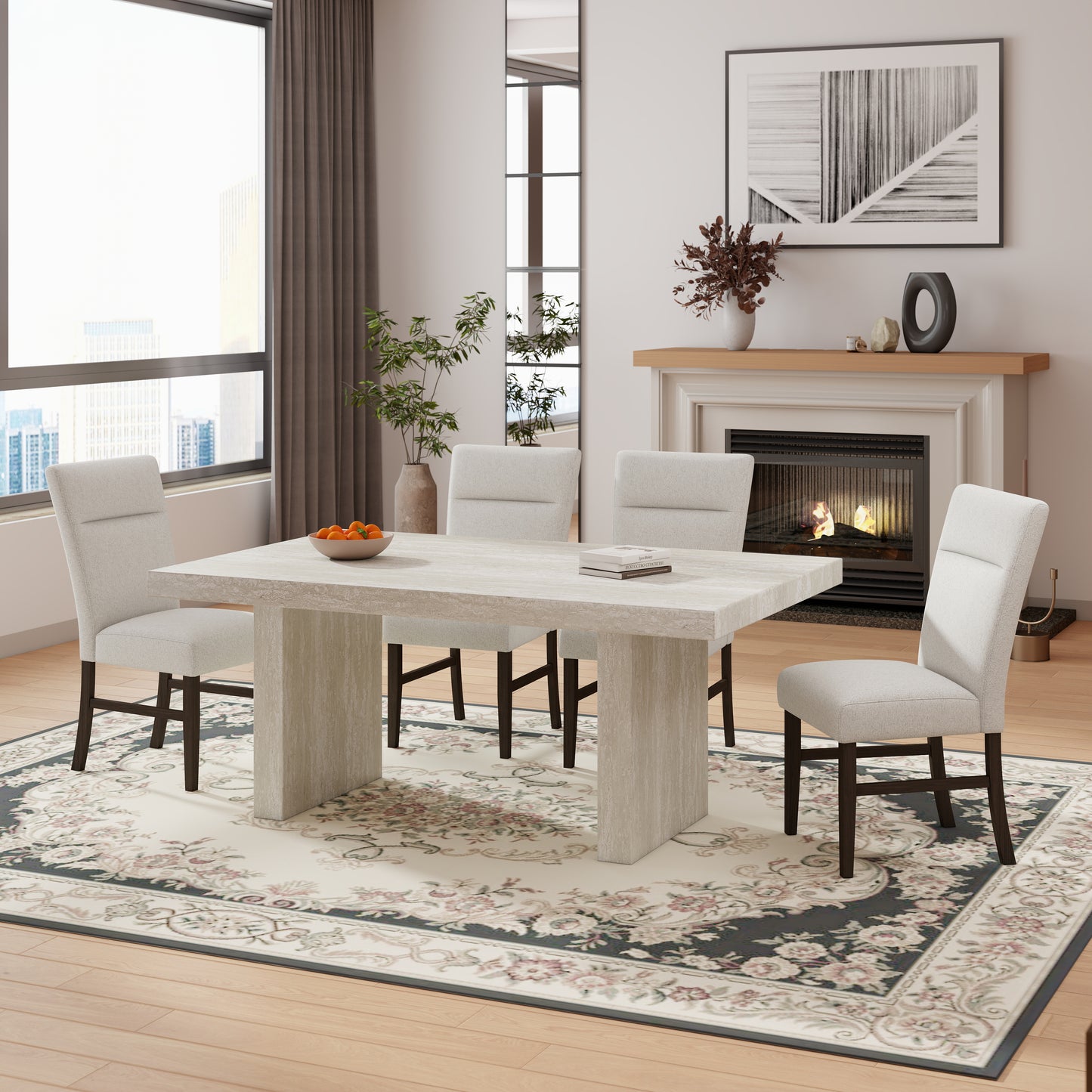 Roundhill Furniture Cavira 5-Piece Modern Dining Set, Faux Marble Dining Table with 4 Chairs