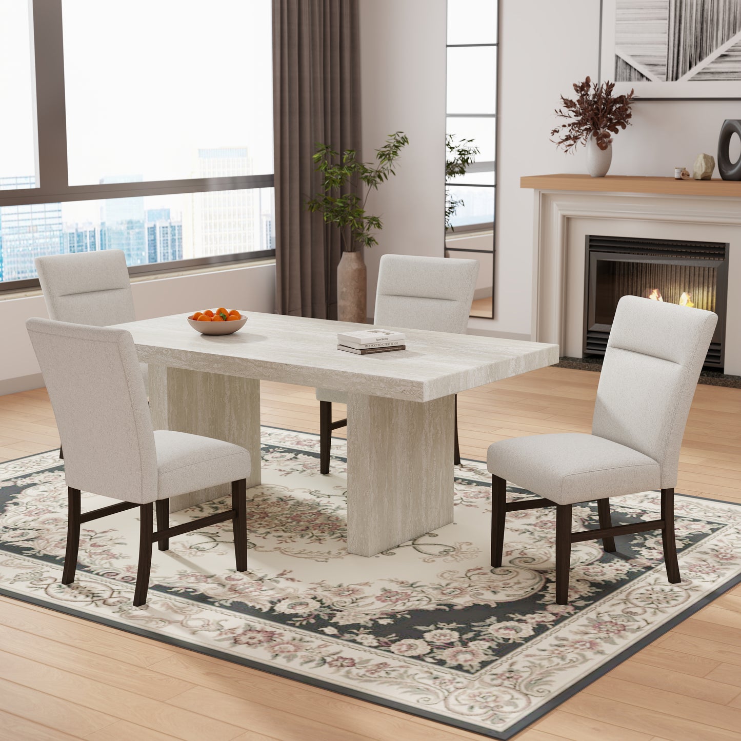 Roundhill Furniture Cavira 5-Piece Modern Dining Set, Faux Marble Dining Table with 4 Chairs