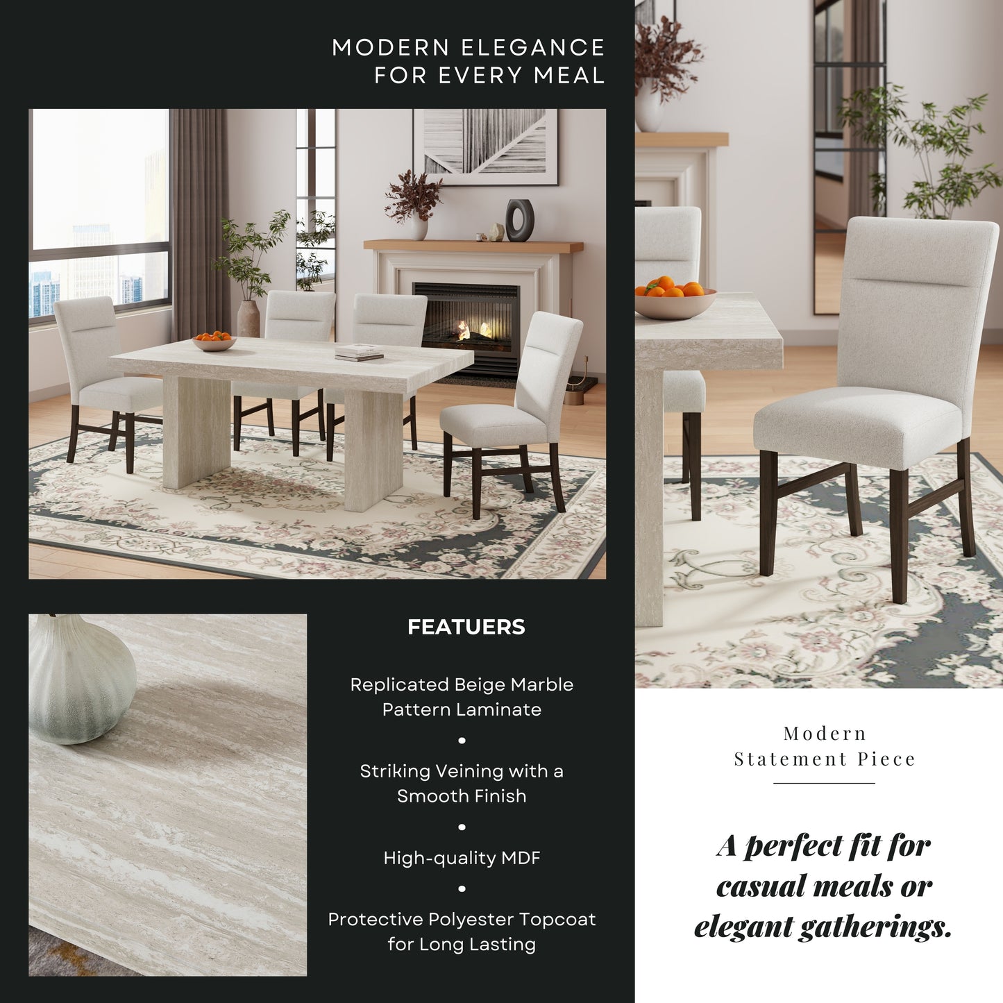 Roundhill Furniture Cavira 5-Piece Modern Dining Set, Faux Marble Dining Table with 4 Chairs