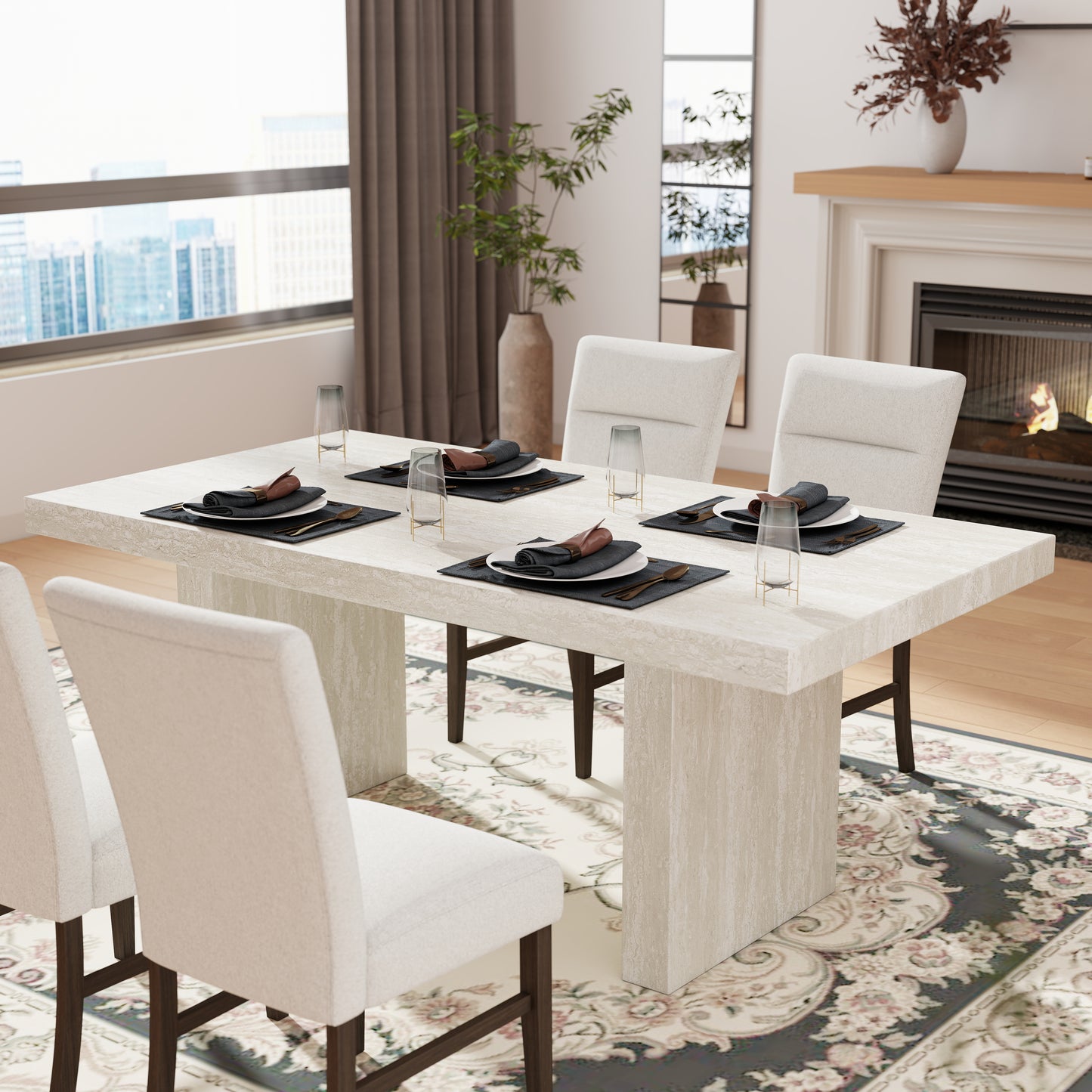 Roundhill Furniture Cavira 5-Piece Modern Dining Set, Faux Marble Dining Table with 4 Chairs