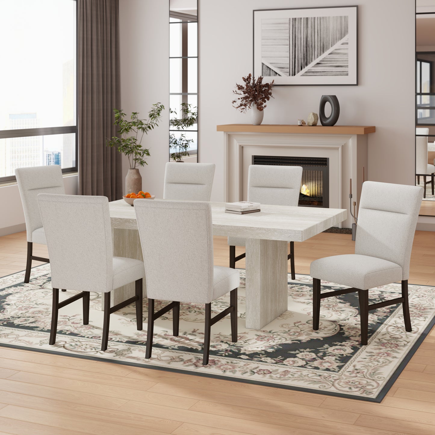 Roundhill Furniture Cavira 7-Piece Modern Dining Set, Faux Marble Dining Table with 6 Chairs