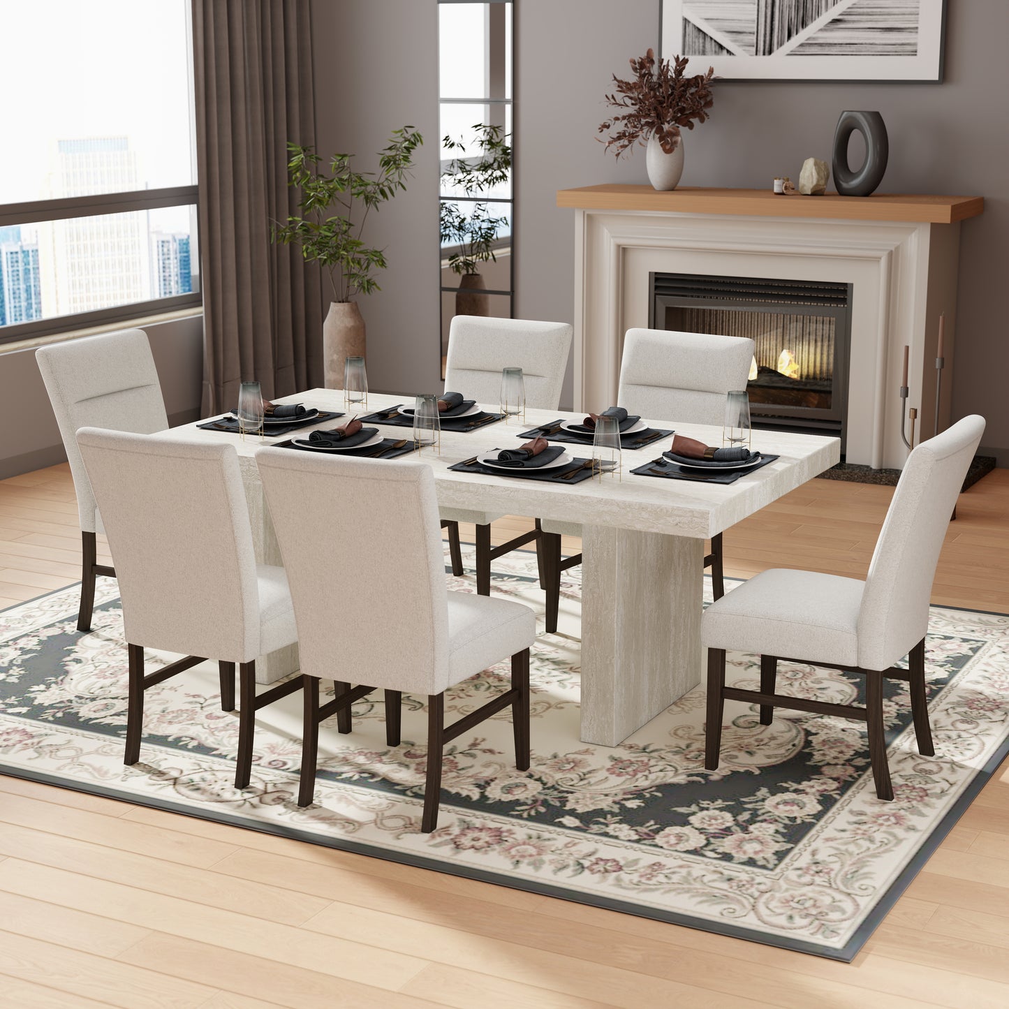 Roundhill Furniture Cavira 7-Piece Modern Dining Set, Faux Marble Dining Table with 6 Chairs