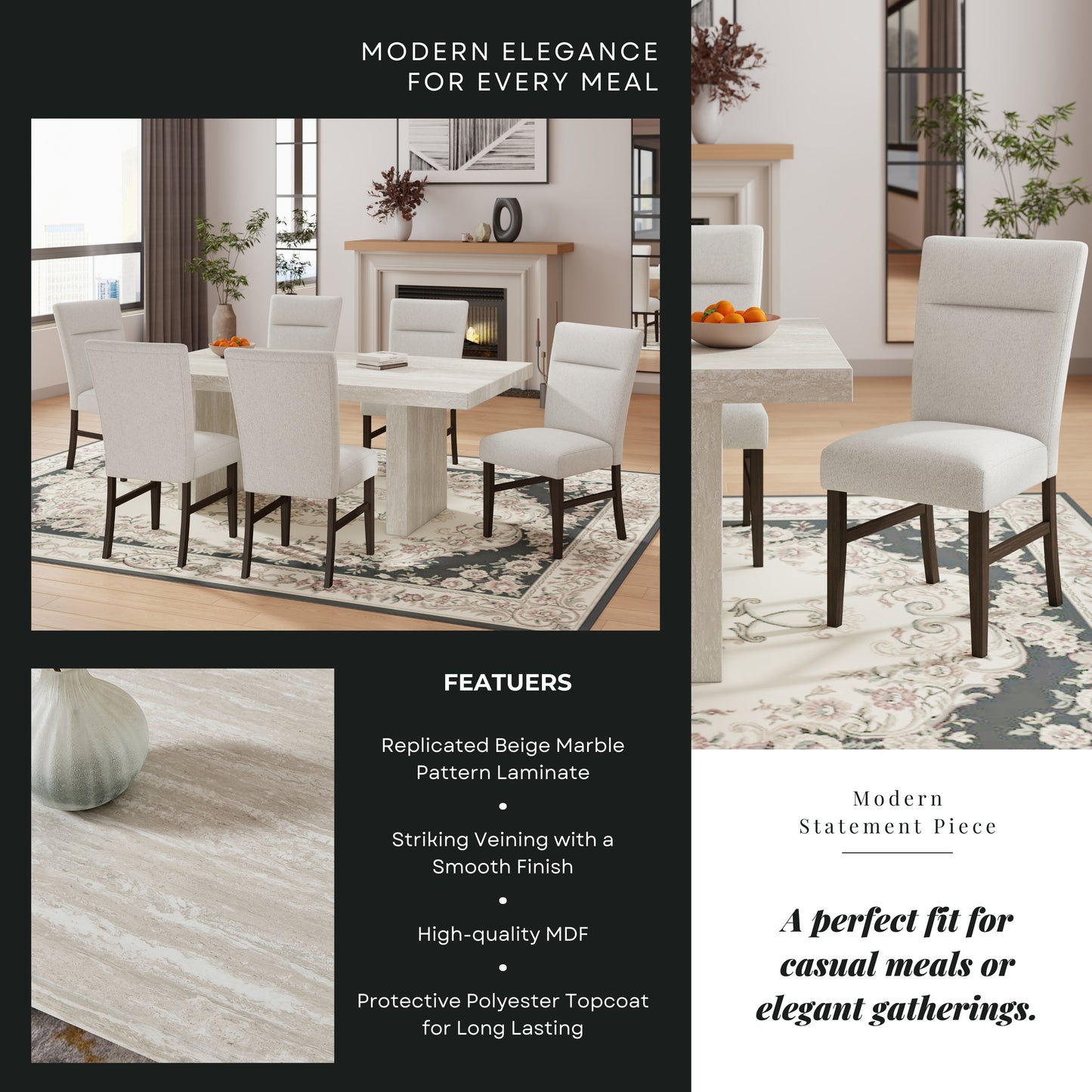Roundhill Furniture Cavira 7-Piece Modern Dining Set, Faux Marble Dining Table with 6 Chairs