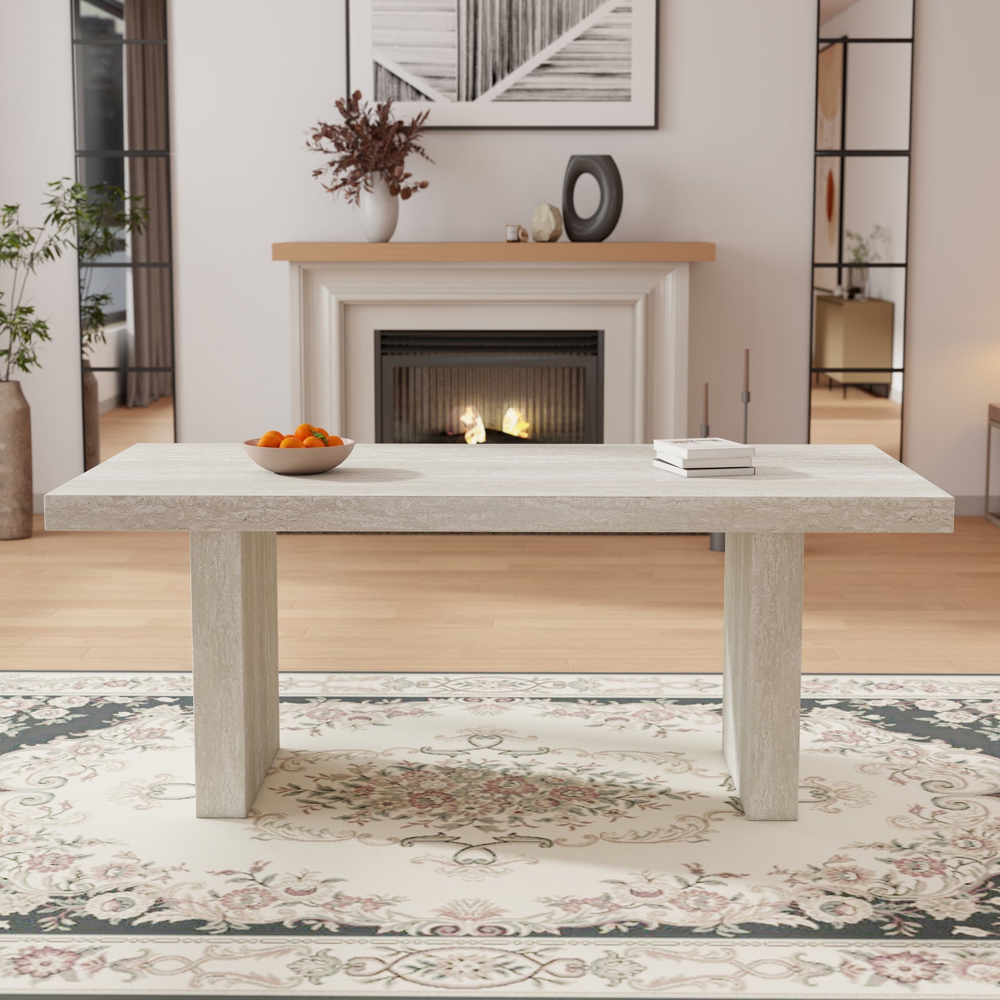 Roundhill Furniture Cavira Modern Faux Marble Dining Table with Double Pedestal Base, Gray