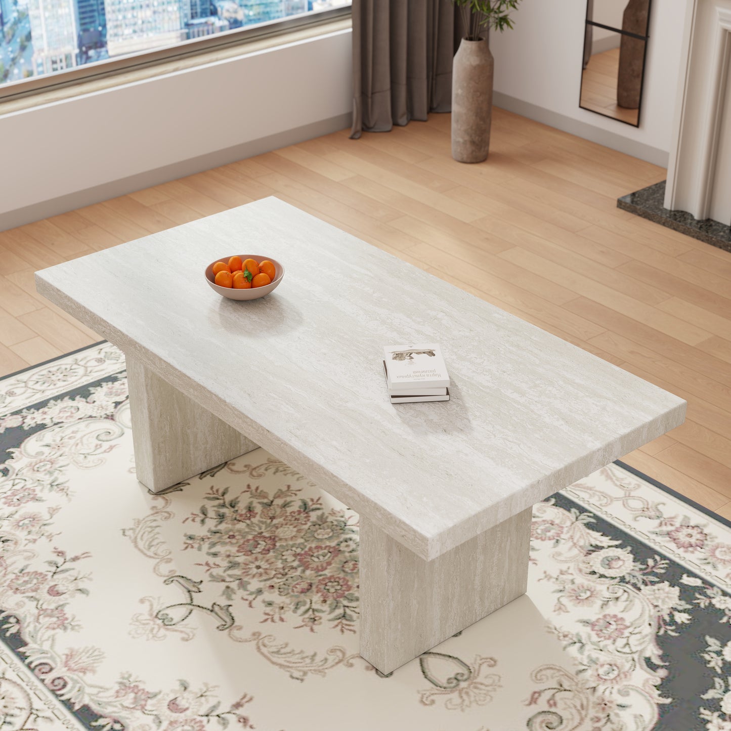 Roundhill Furniture Cavira Modern Faux Marble Dining Table with Double Pedestal Base, Gray