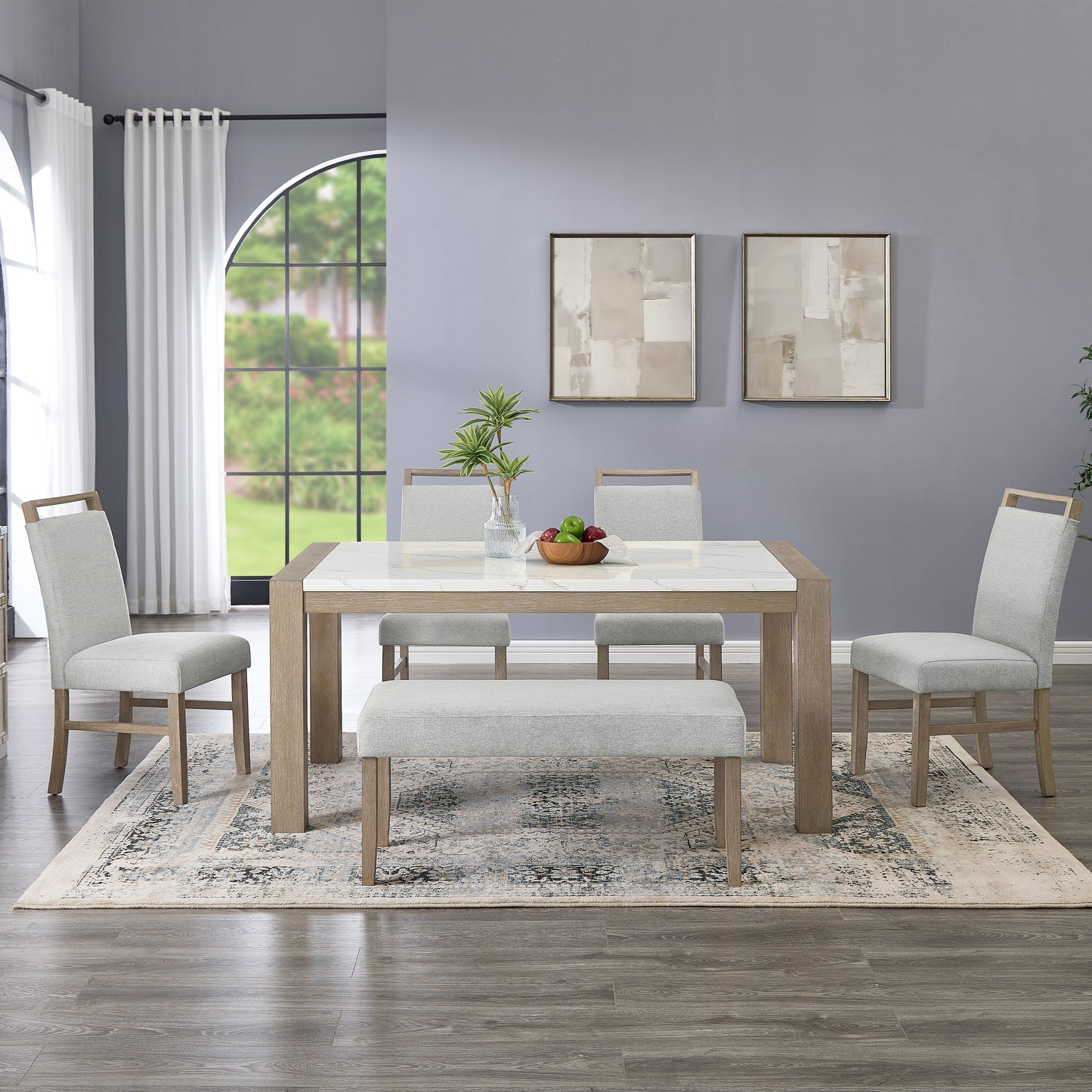 Roundhill Furniture Zelalle 6-Piece Dining Set, Table, 4 Chairs, and Bench, White Wired-Brushed Finish