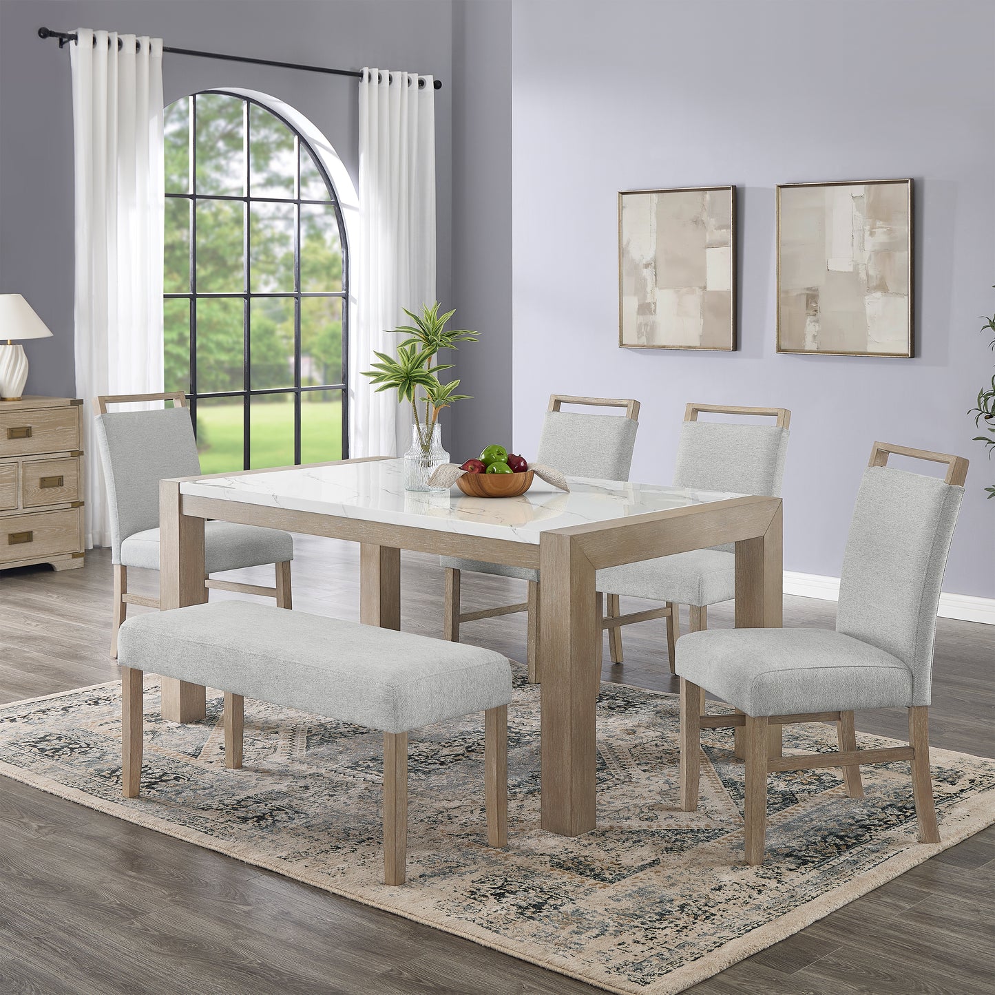 Roundhill Furniture Zelalle 6-Piece Dining Set, Table, 4 Chairs, and Bench, White Wired-Brushed Finish