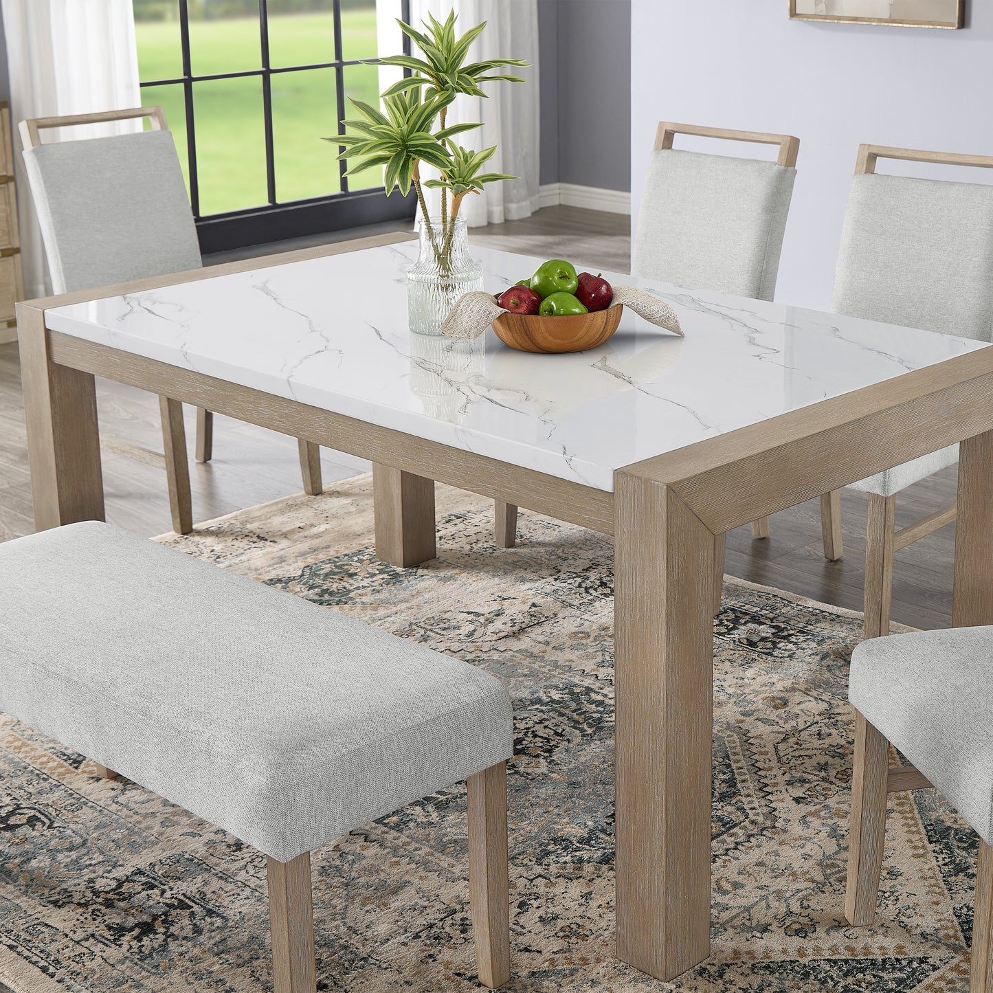 Roundhill Furniture Zelalle 6-Piece Dining Set, Table, 4 Chairs, and Bench, White Wired-Brushed Finish