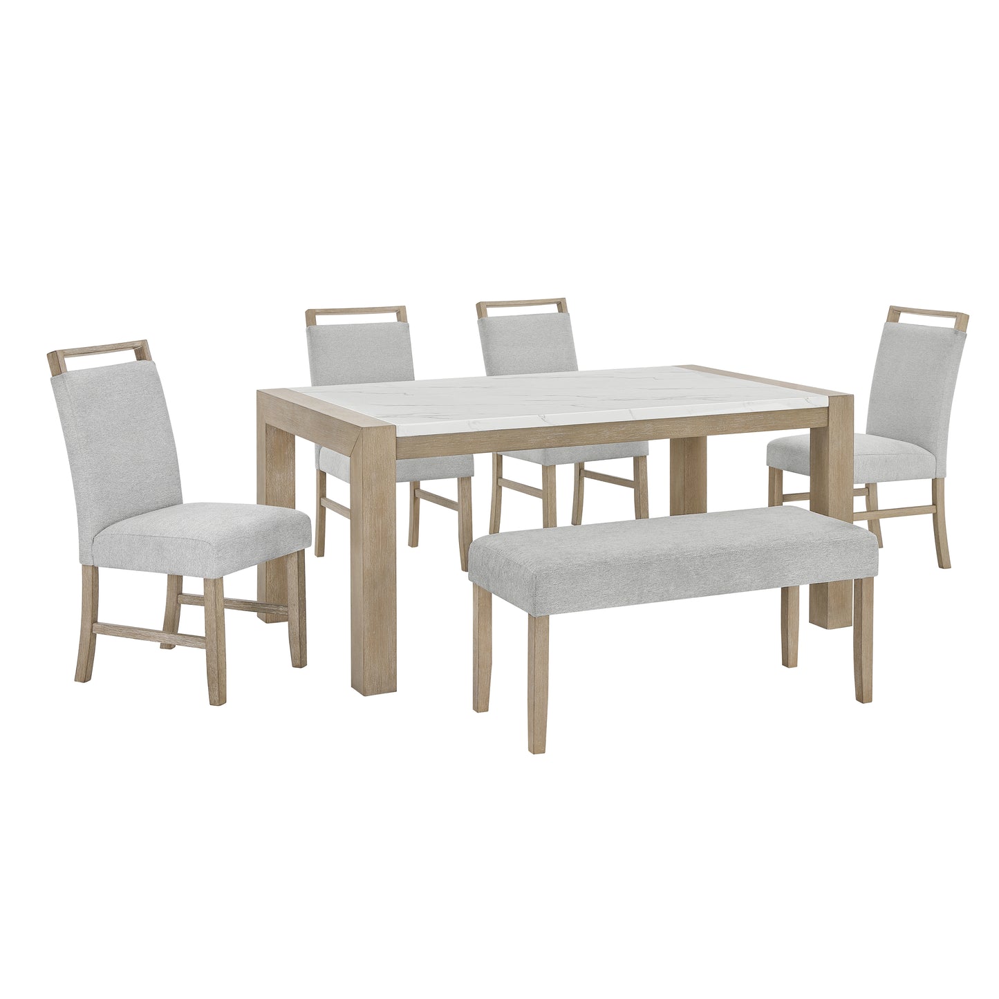 Roundhill Furniture Zelalle 6-Piece Dining Set, Table, 4 Chairs, and Bench, White Wired-Brushed Finish