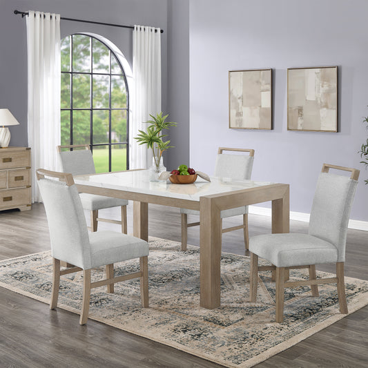 Roundhill Furniture Zelalle 5-Piece Dining Set, Faux Marble Table with 4 Chairs, White Wired-Brushed Finish