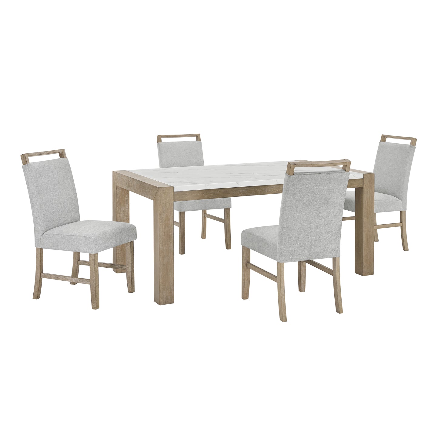 Roundhill Furniture Zelalle 5-Piece Dining Set, Faux Marble Table with 4 Chairs, White Wired-Brushed Finish