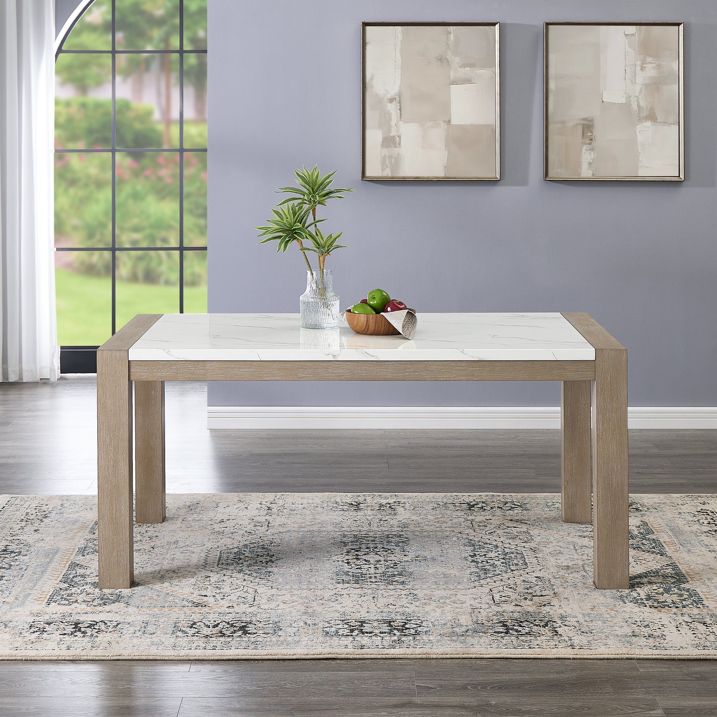 Roundhill Furniture Zelalle Dining Table, Faux Marble Paper Top and White Wired-Brushed Finish