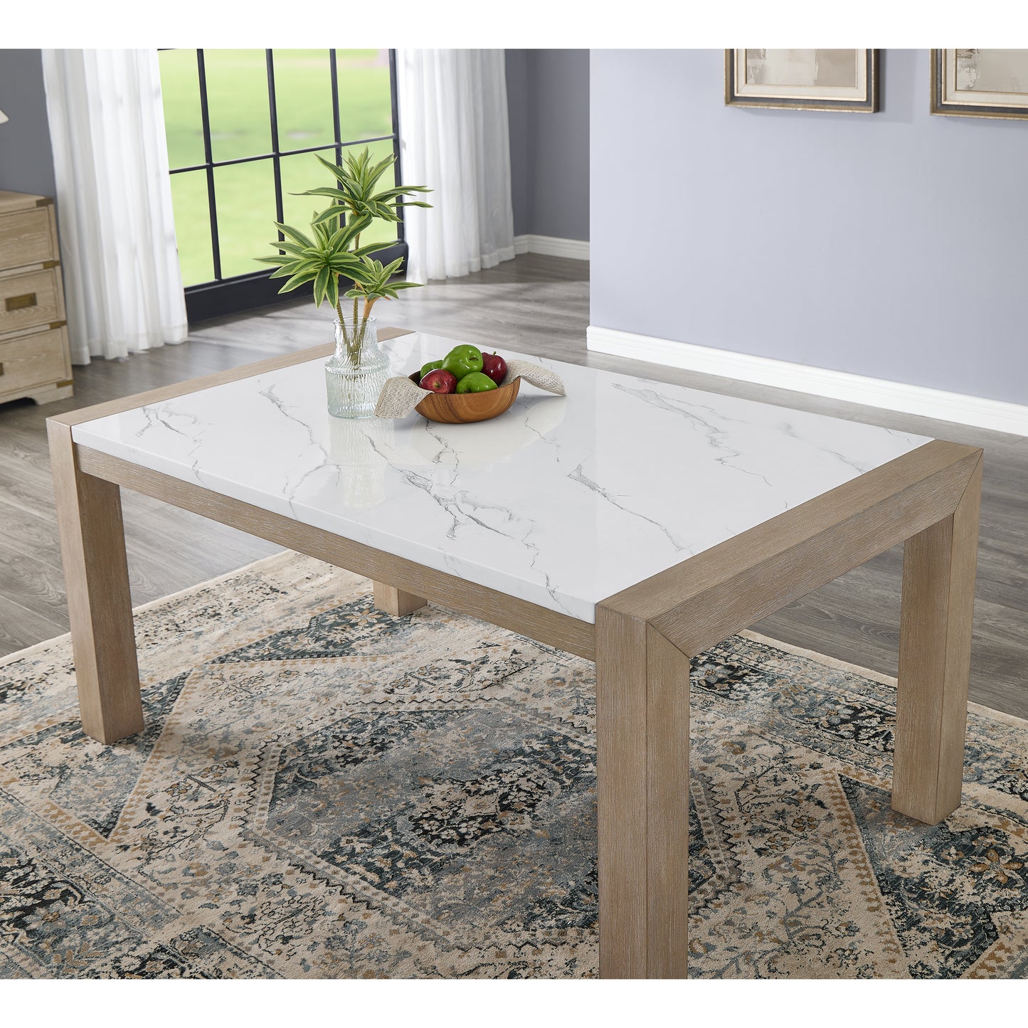 Roundhill Furniture Zelalle Dining Table, Faux Marble Paper Top and White Wired-Brushed Finish