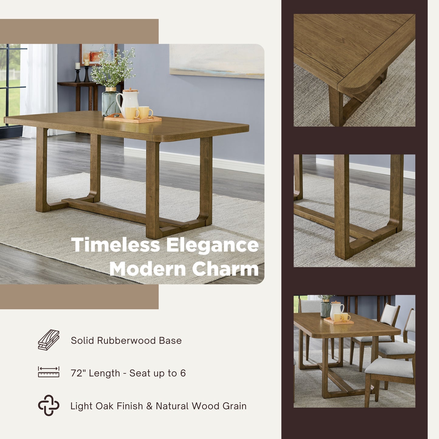 Roundhill Furniture Andus 5-Piece Dining Set, Trestle Dining Table with 4 Stylish Chairs, Light Oak
