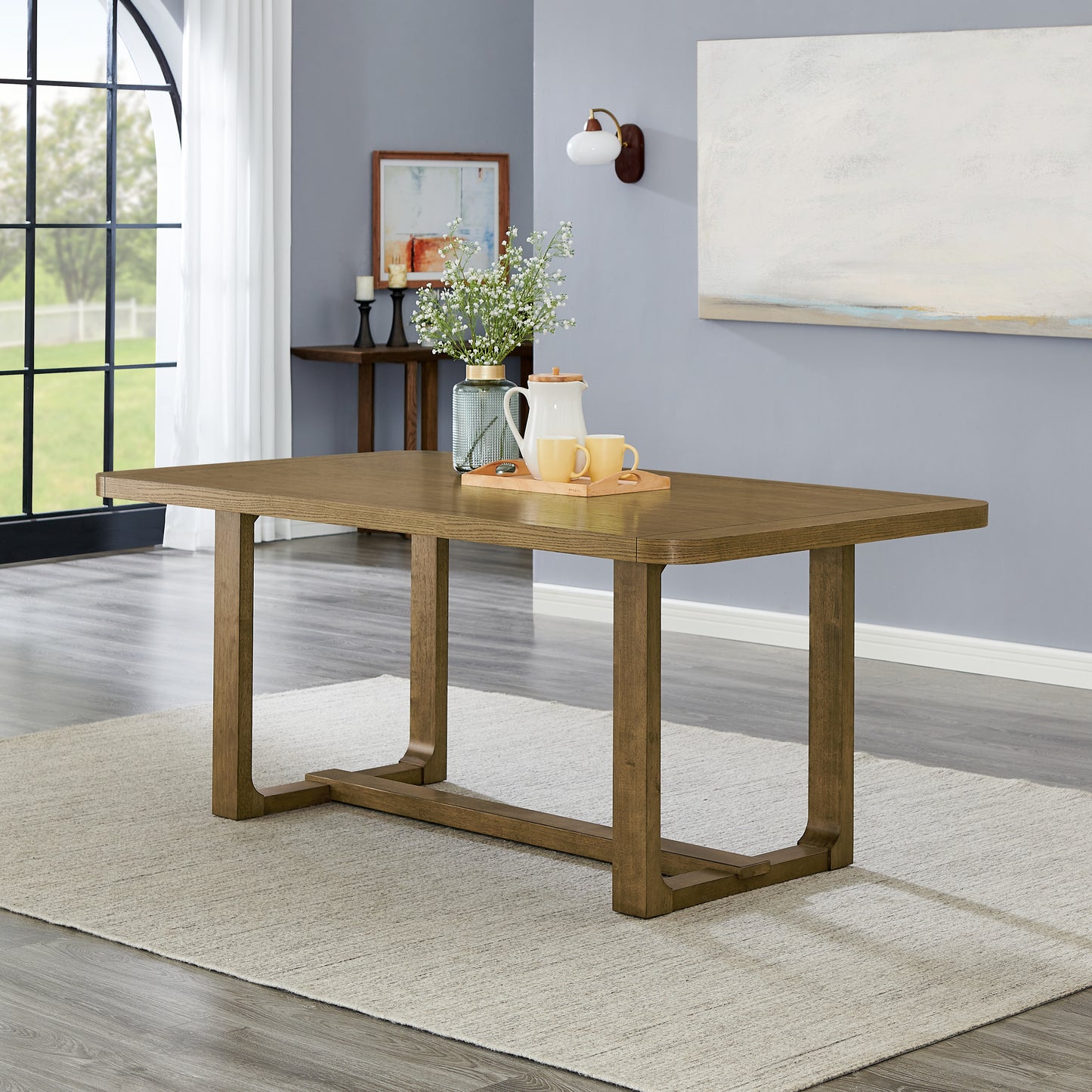 Roundhill Furniture Andus 5-Piece Dining Set, Trestle Dining Table with 4 Stylish Chairs, Light Oak