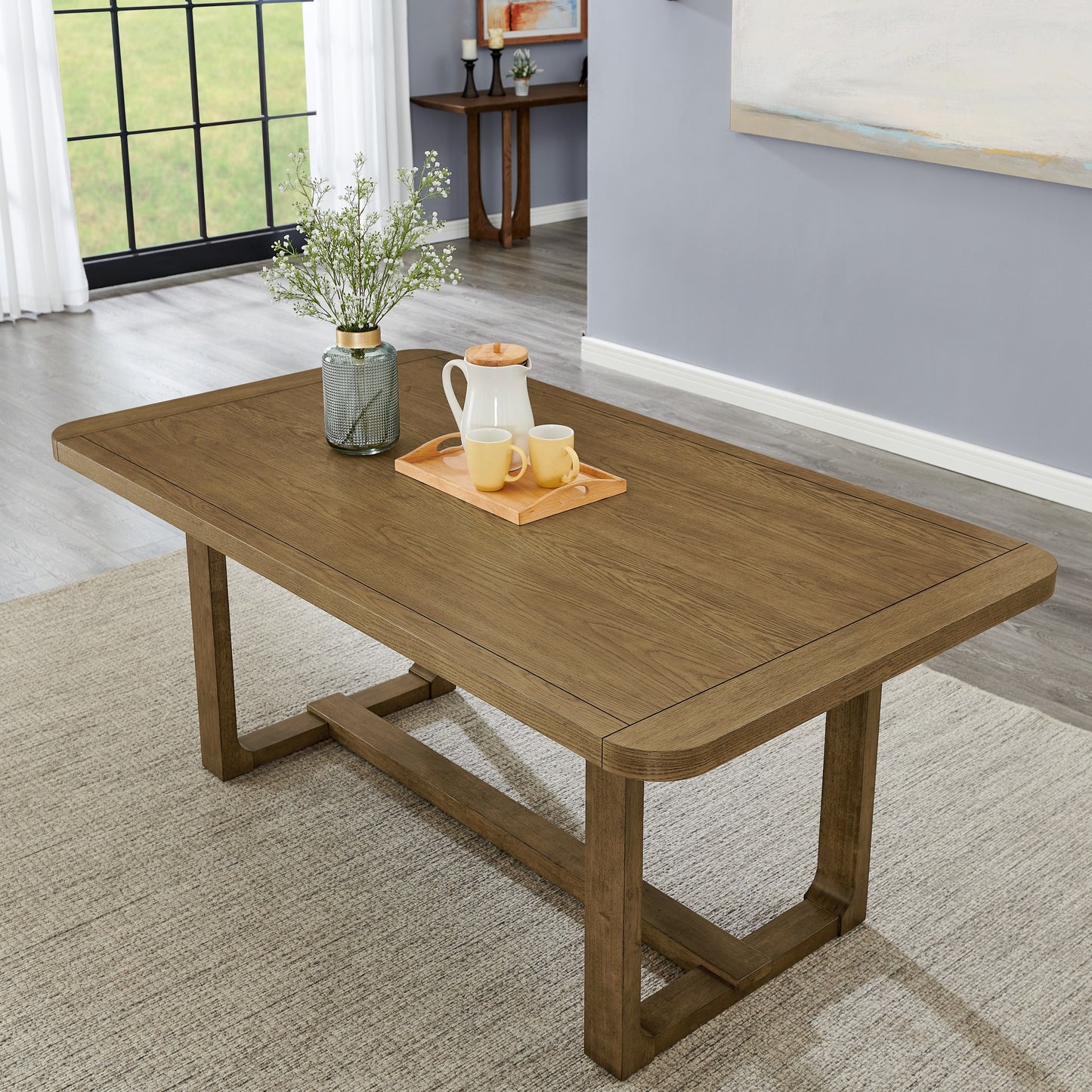 Roundhill Furniture Andus 5-Piece Dining Set, Trestle Dining Table with 4 Stylish Chairs, Light Oak