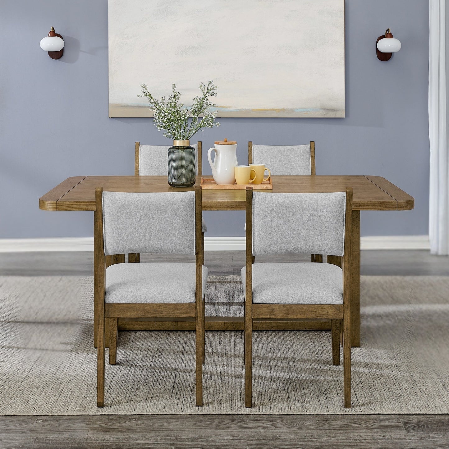 Roundhill Furniture Parker Dining Set, Trestle Dining Table with Stylish Chairs, Light Oak