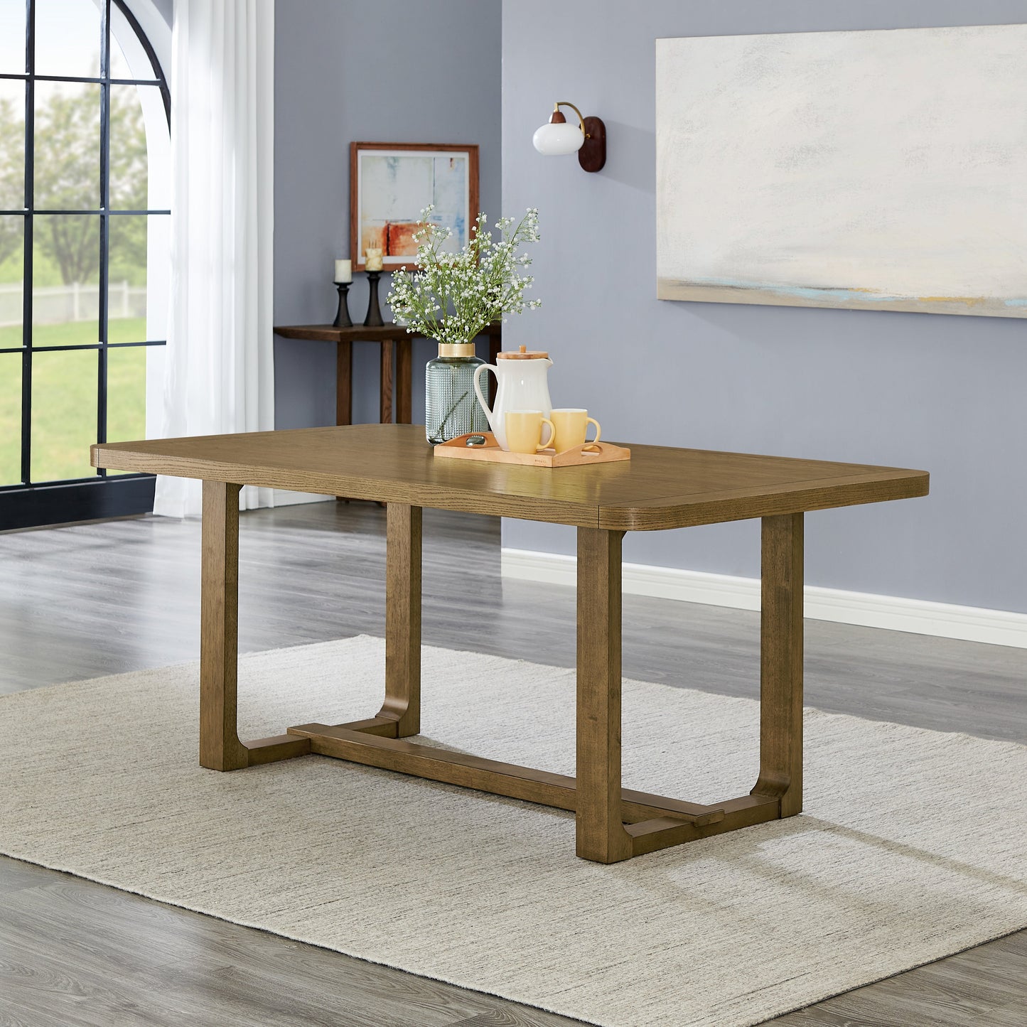 Roundhill Furniture Parker Dining Set, Trestle Dining Table with Stylish Chairs, Light Oak
