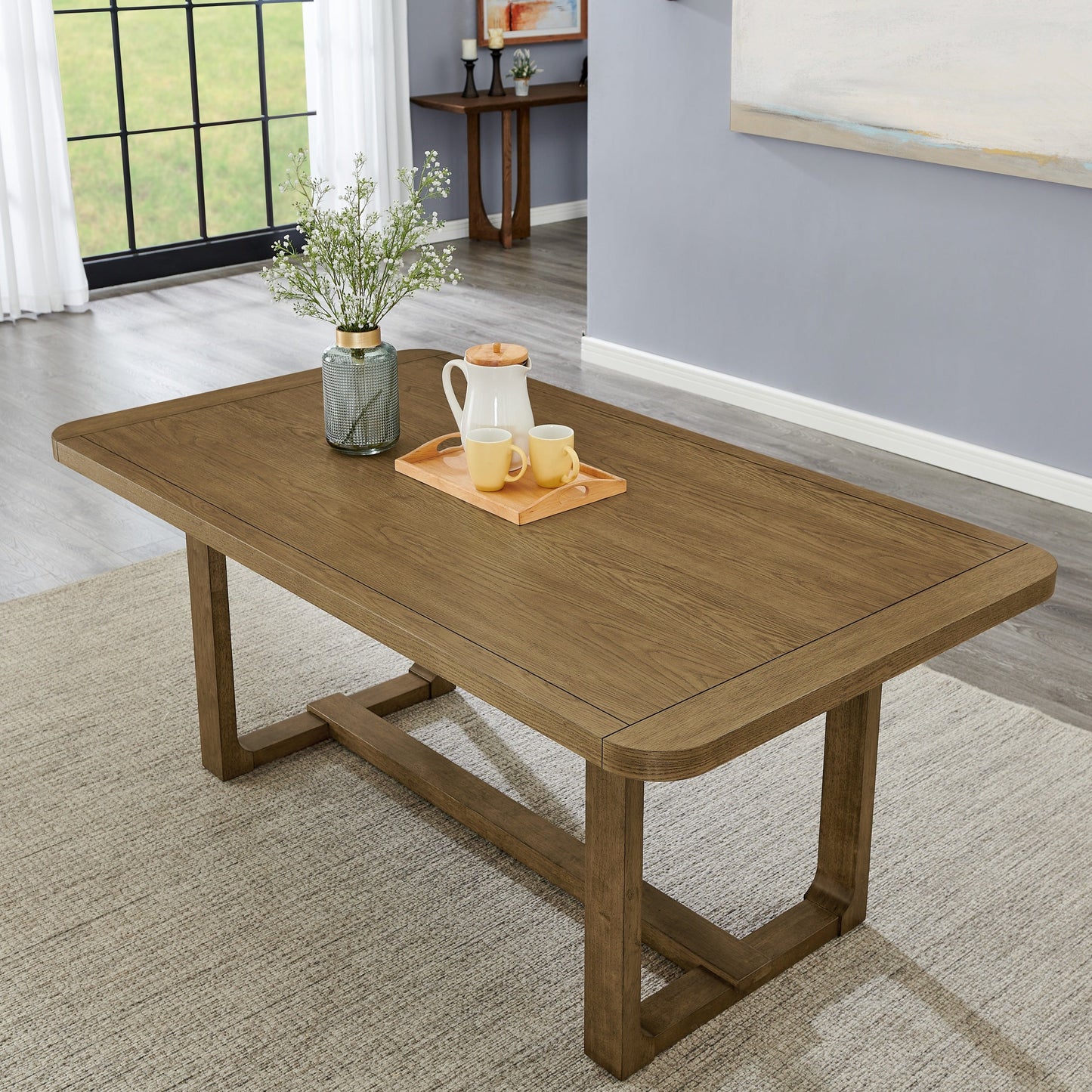Roundhill Furniture Parker Dining Set, Trestle Dining Table with Stylish Chairs, Light Oak