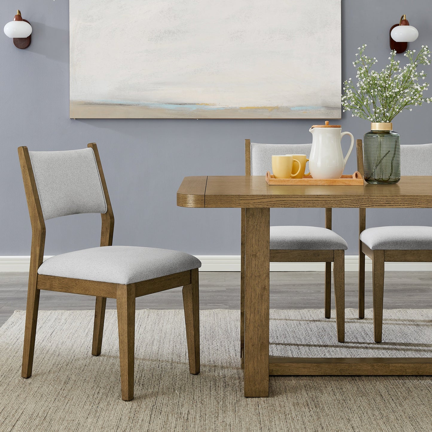 Roundhill Furniture Parker Dining Set, Trestle Dining Table with Stylish Chairs, Light Oak