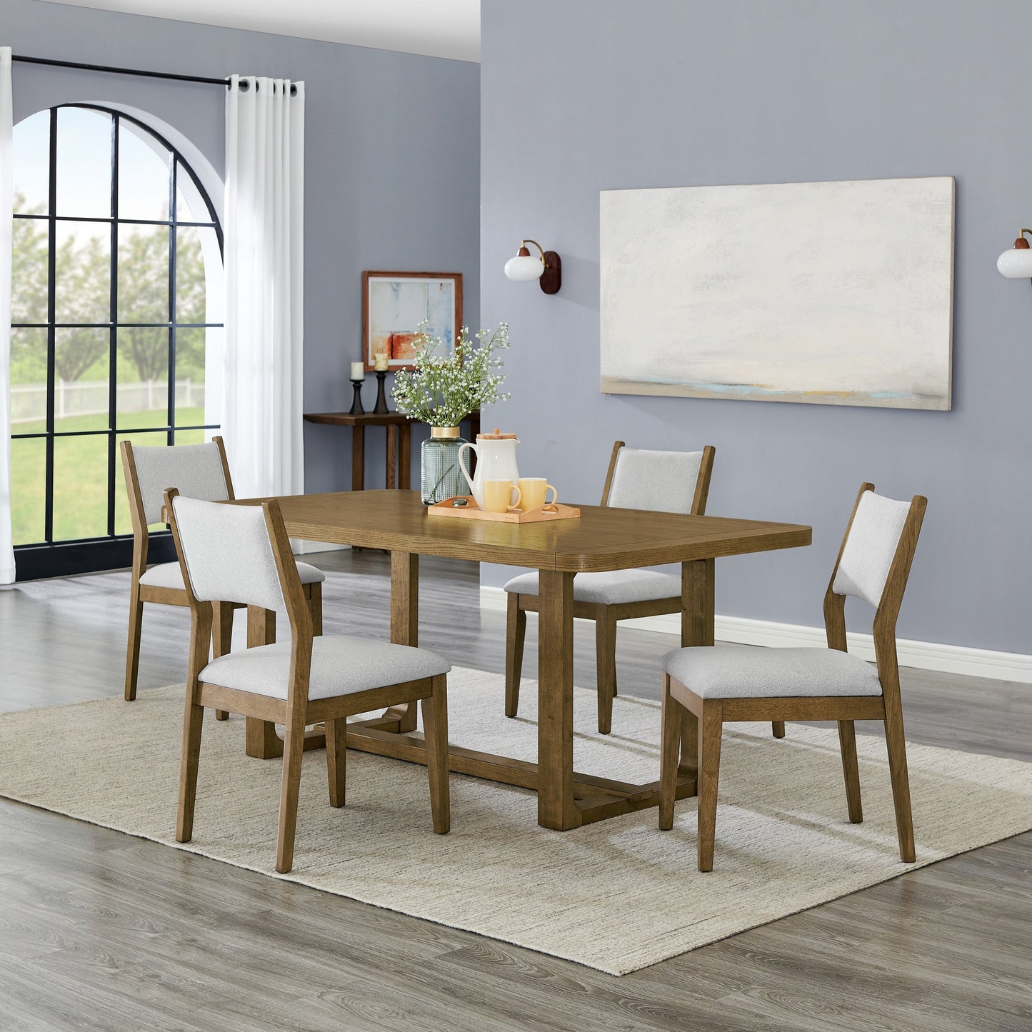 Roundhill Furniture Parker Dining Set, Trestle Dining Table with Stylish Chairs, Light Oak