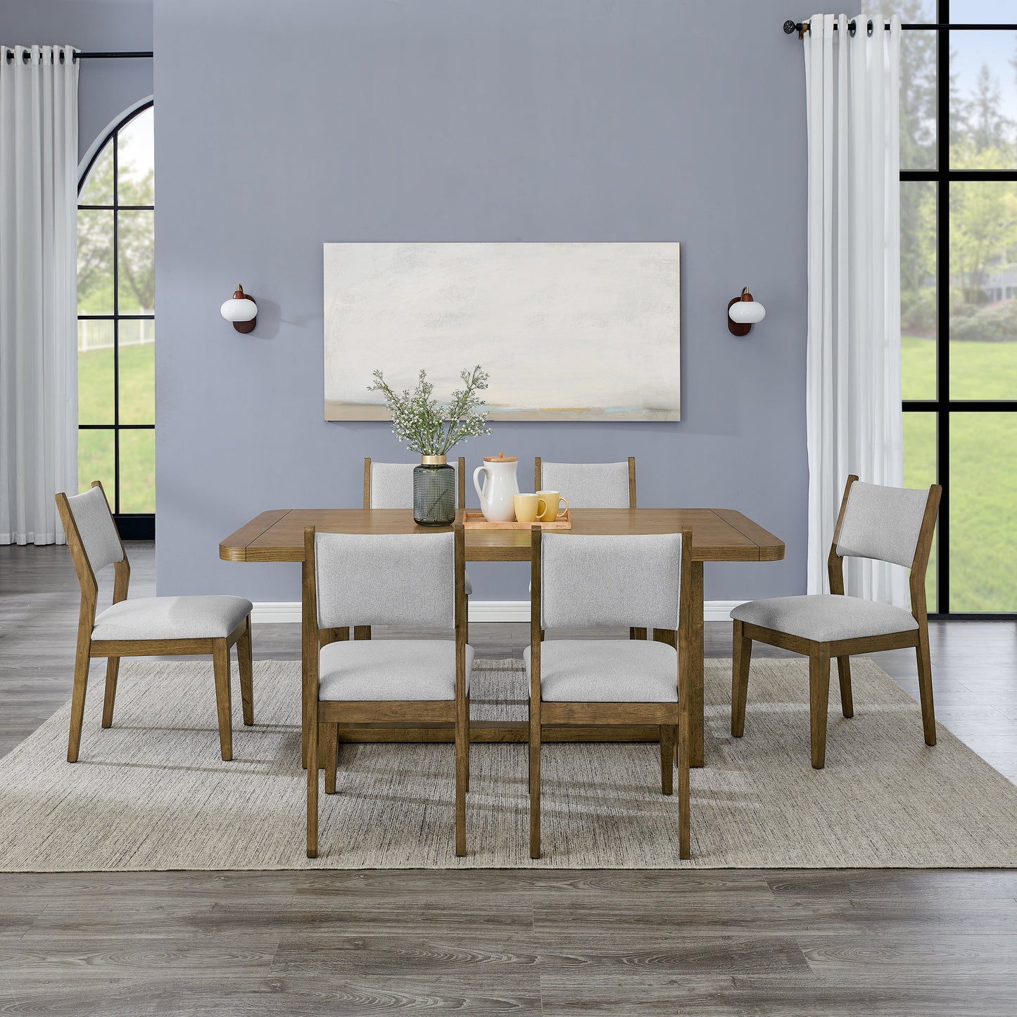 Roundhill Furniture Parker Dining Set, Trestle Dining Table with Stylish Chairs, Light Oak