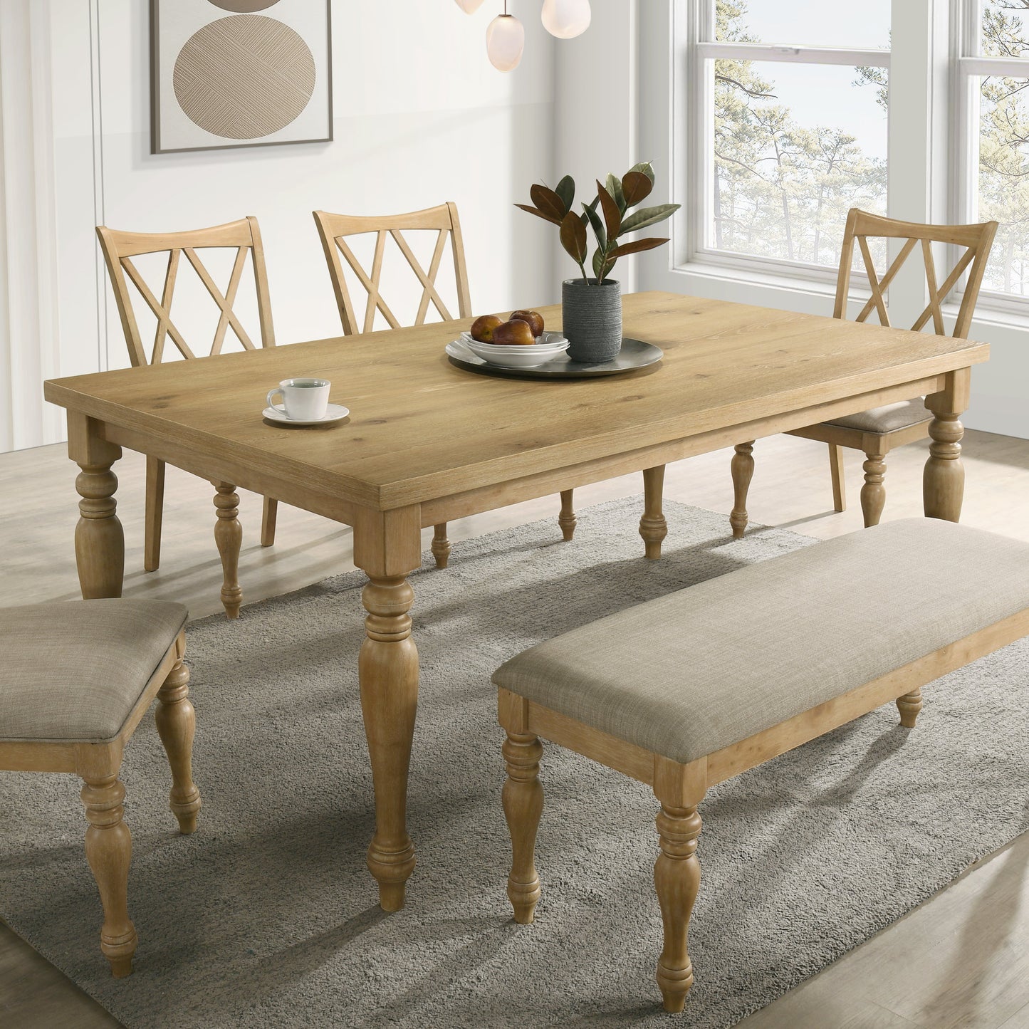 Roundhill Furniture Verta 6-Piece Dining Table with 4 Cross Back Dining Chairs and Bench, Light Oak Finish