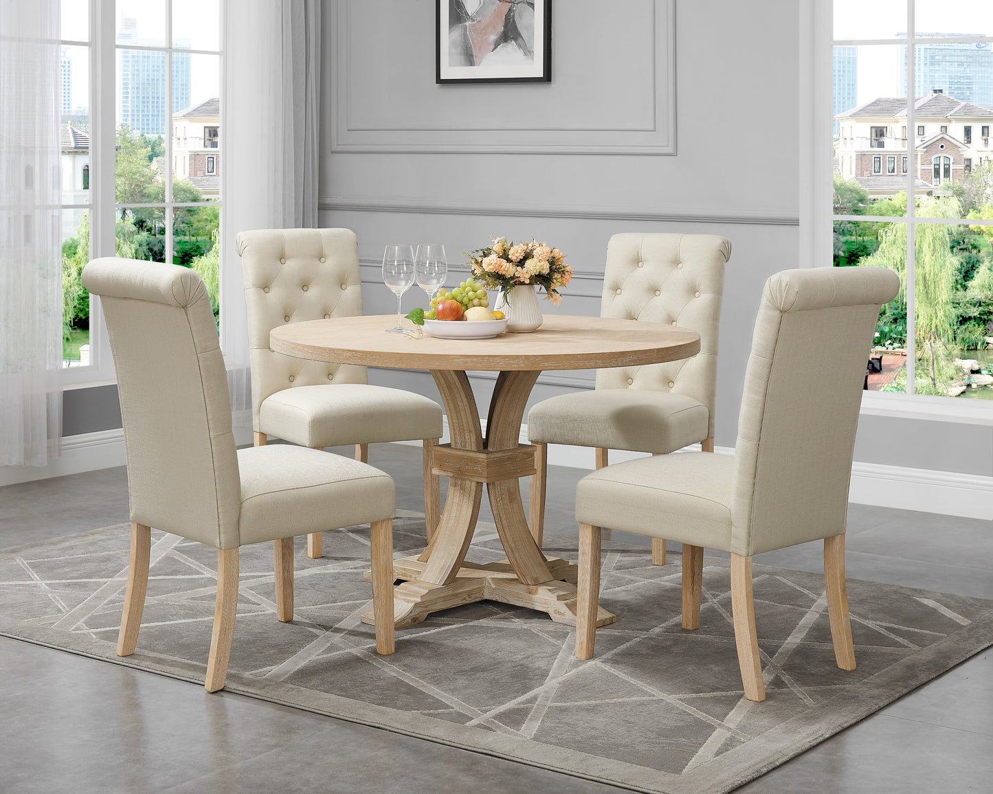 Siena White-washed Finished 5-Piece Dining set, Pedestal Round Table with Tan Upholstered Chairs