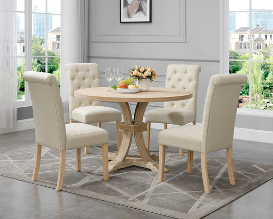 Siena White-washed Finished 5-Piece Dining set, Pedestal Round Table with Tan Upholstered Chairs