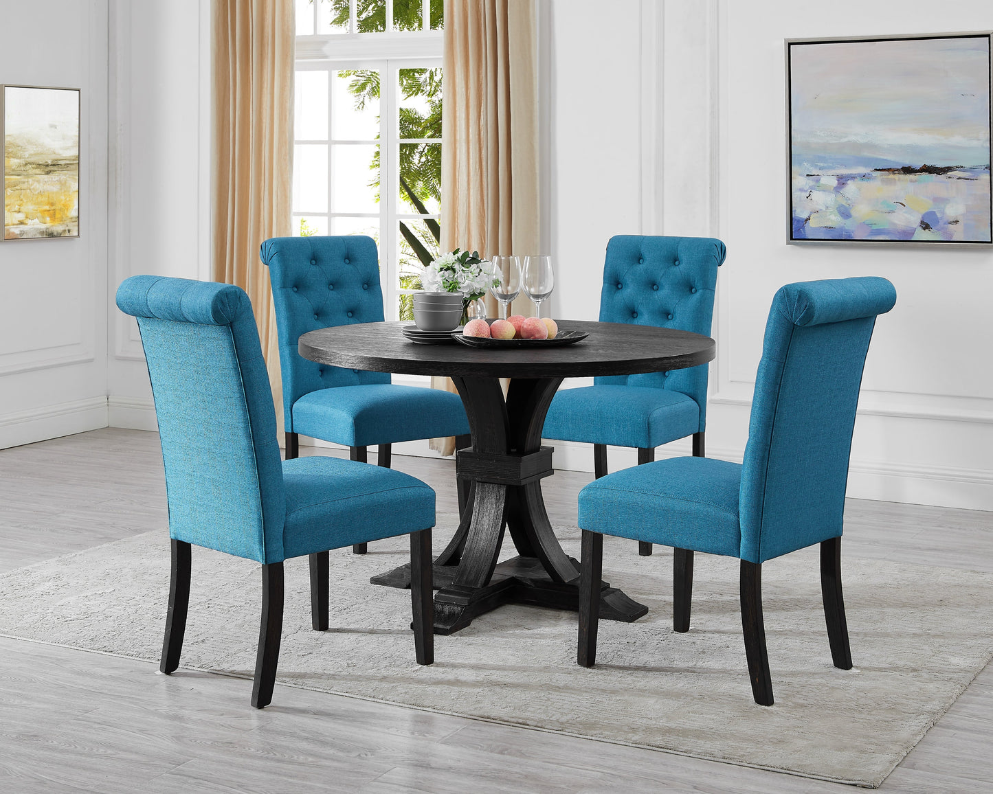 Siena Distressed Black Finish 5-Piece Dining set, Pedestal Round Table with Blue Upholstered Chairs