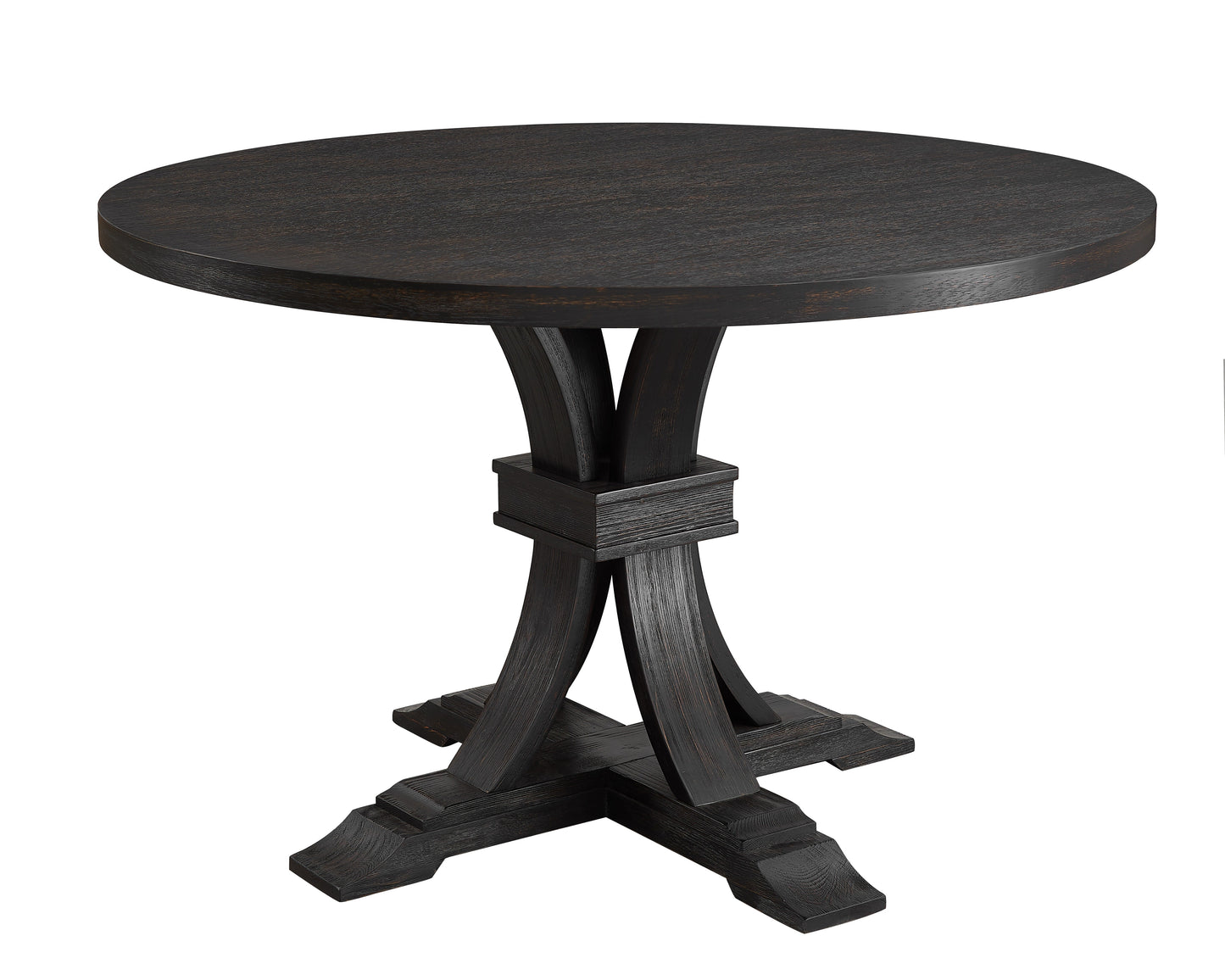 Siena Distressed Black Finish 5-Piece Dining set, Pedestal Round Table with Tan Upholstered Chairs